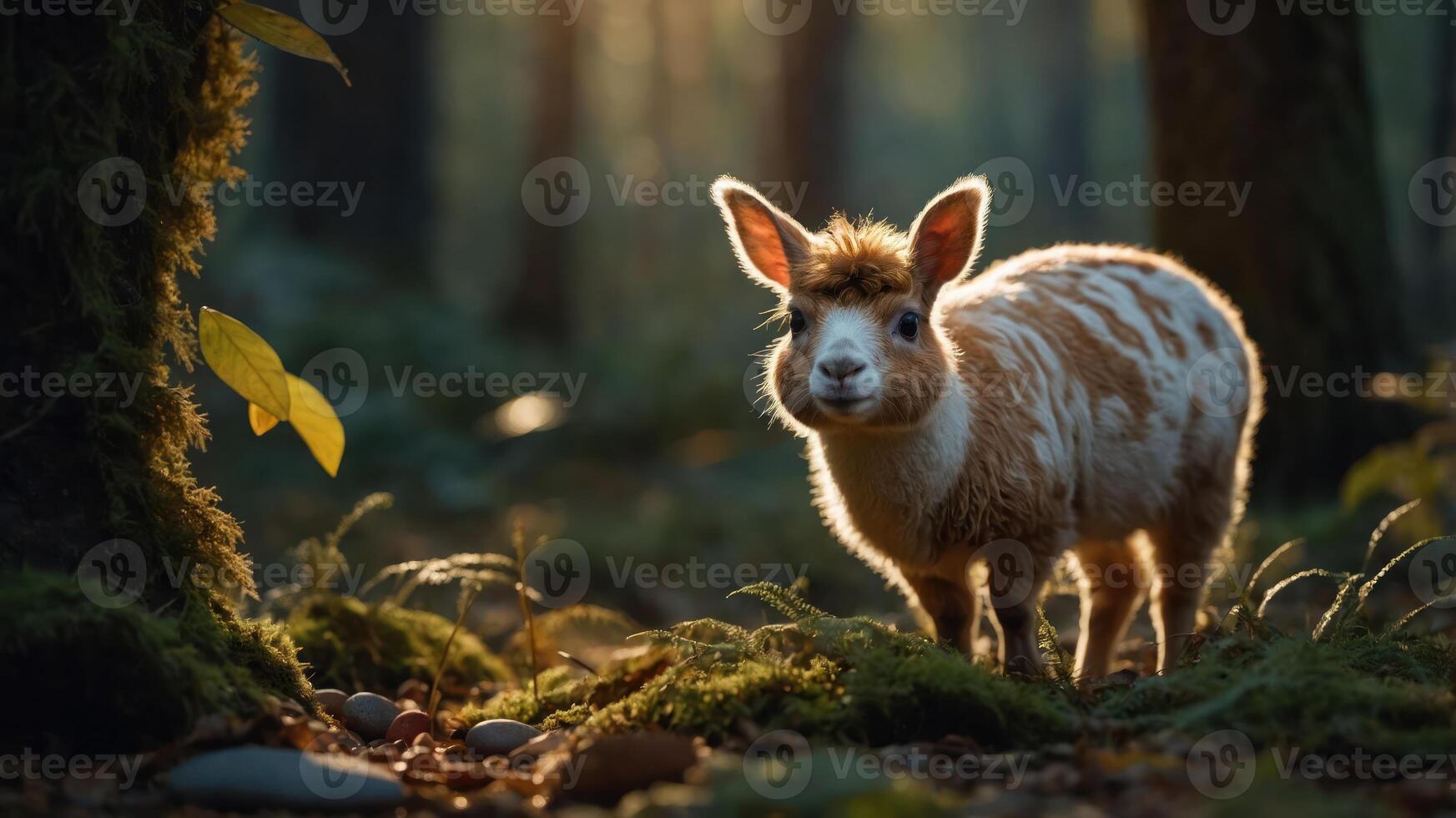 A cute animal stands in a sunlit forest, surrounded by greenery and soft light. photo