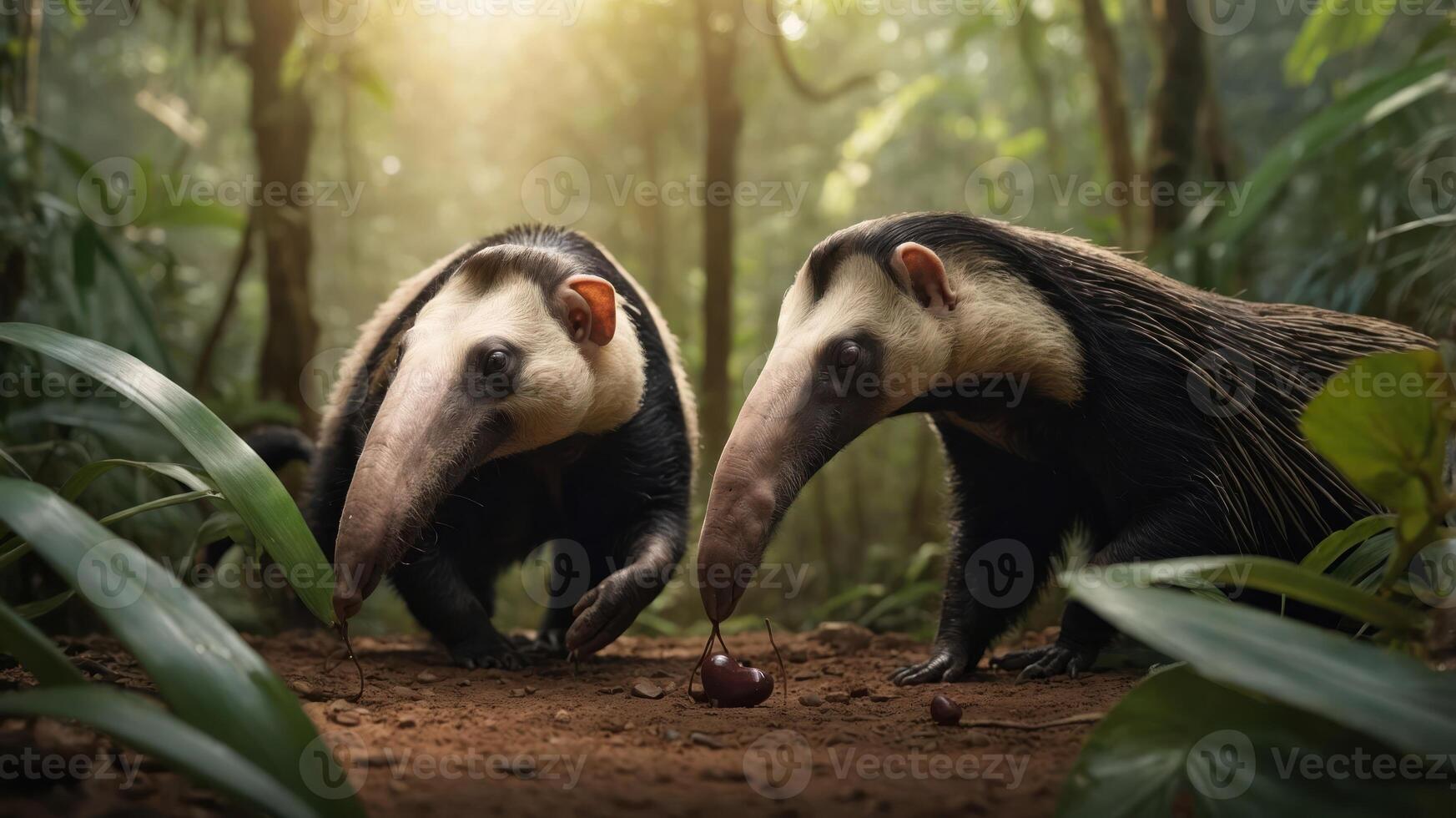 Two anteaters in a lush forest, interacting with a fruit on the ground. photo