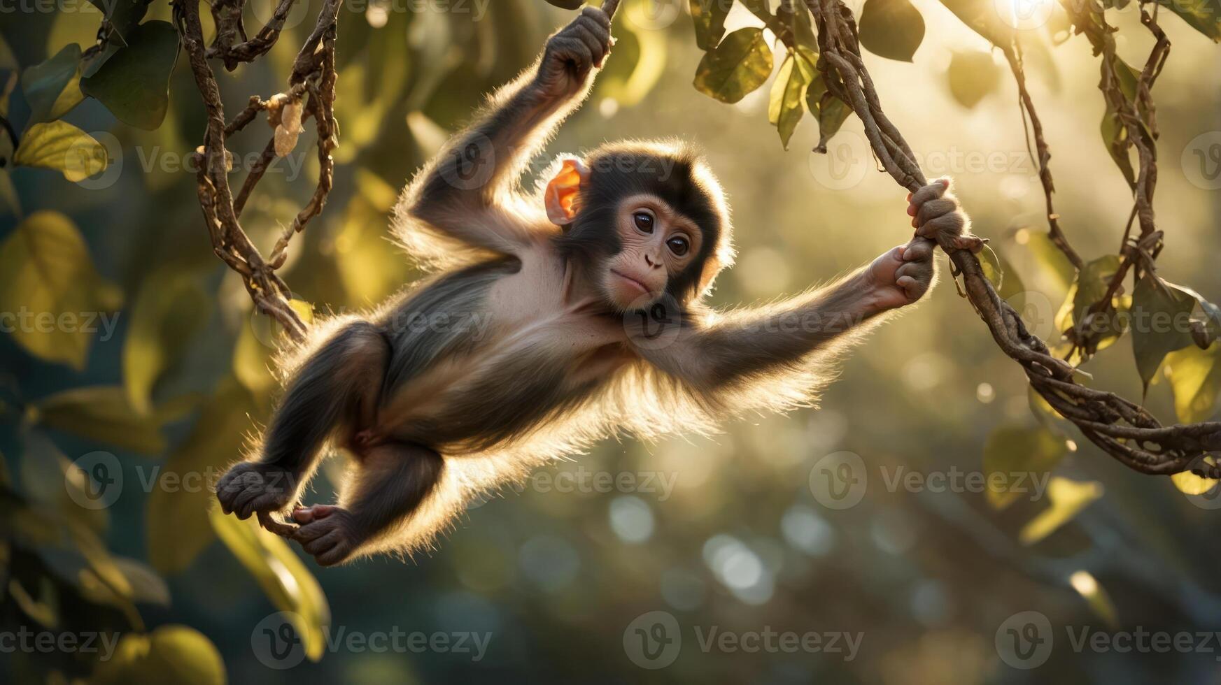 A playful baby monkey hanging from a vine in a sunlit forest. photo