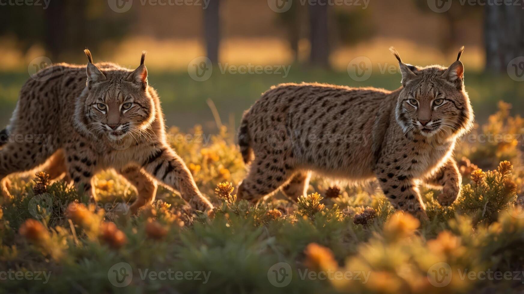 Two lynxes walking through a sunlit, grassy landscape. photo