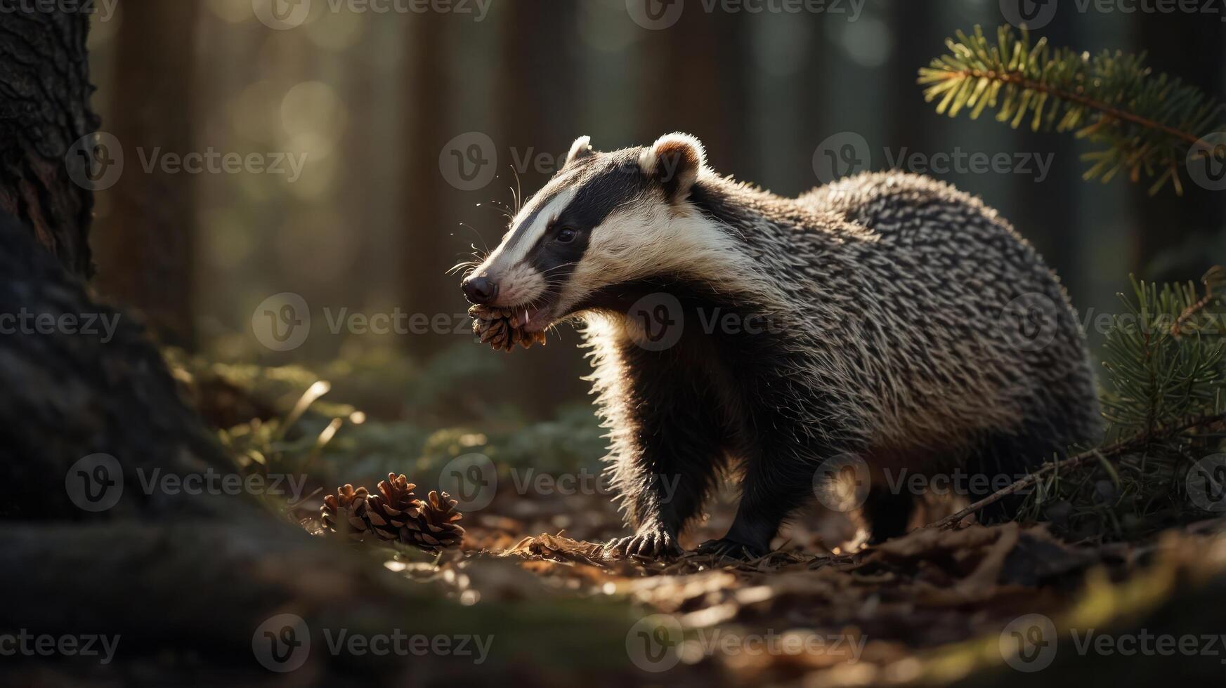 A badger foraging in a sunlit forest, showcasing its natural habitat. photo