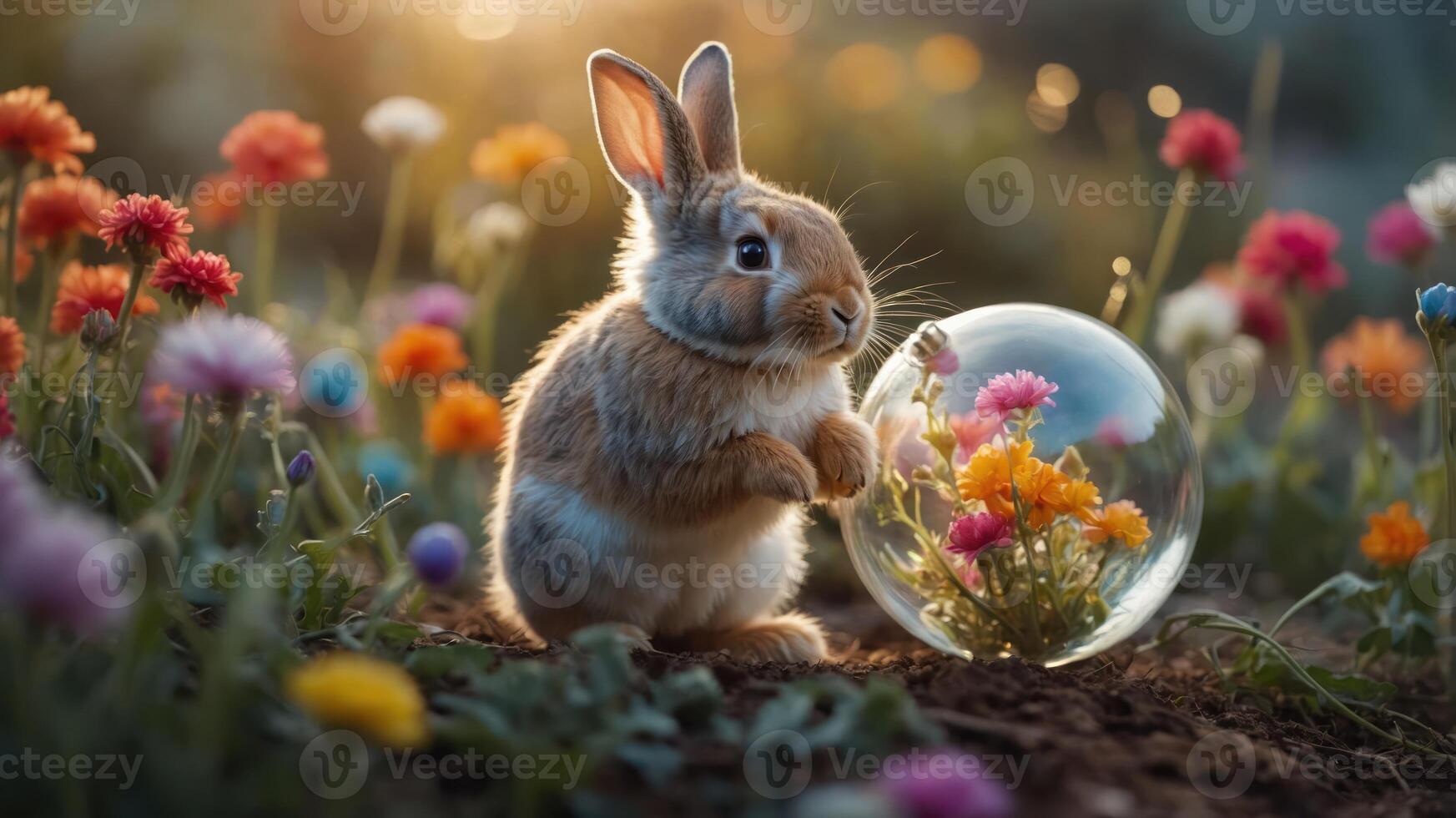 A cute rabbit sits beside a glass dome filled with colorful flowers in a vibrant garden. photo