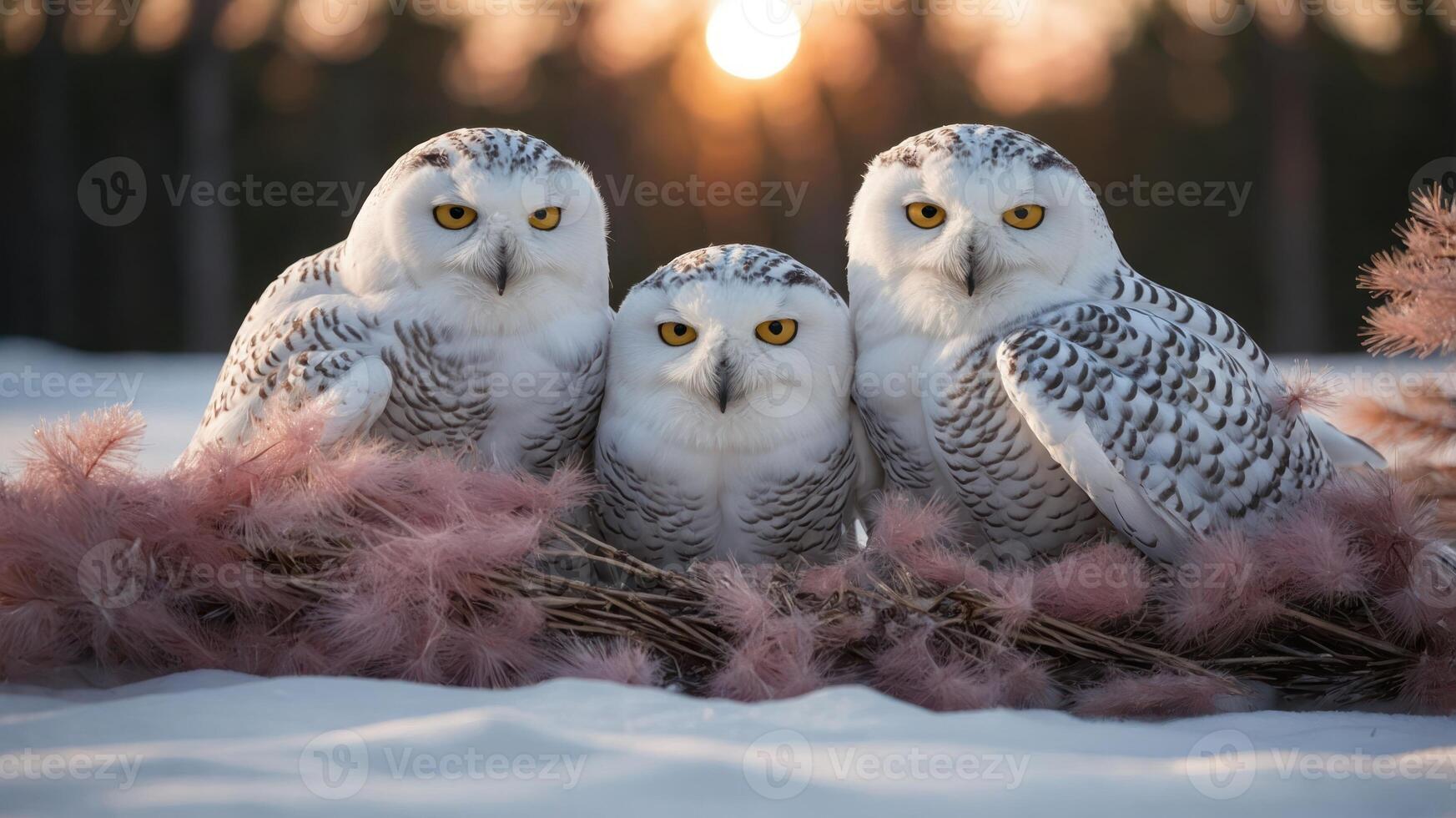 Three snowy owls perched on pink foliage in a snowy landscape at sunset. photo