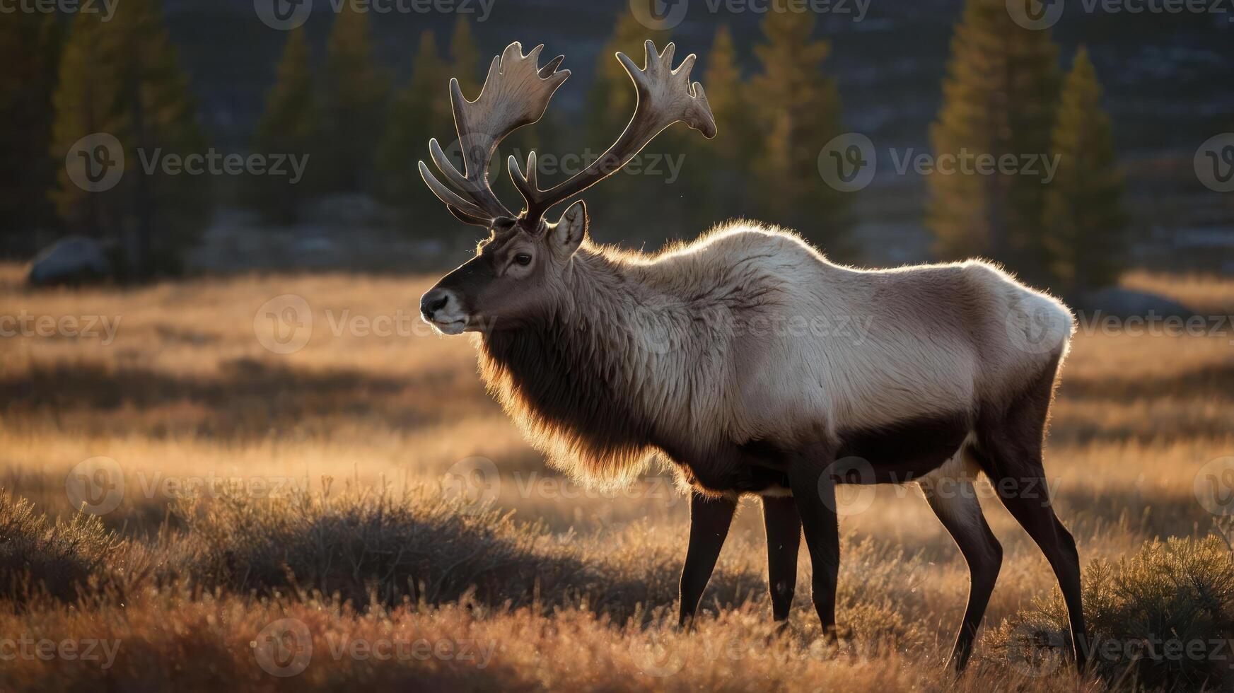 A majestic deer stands in a sunlit meadow, surrounded by trees and golden grass. photo