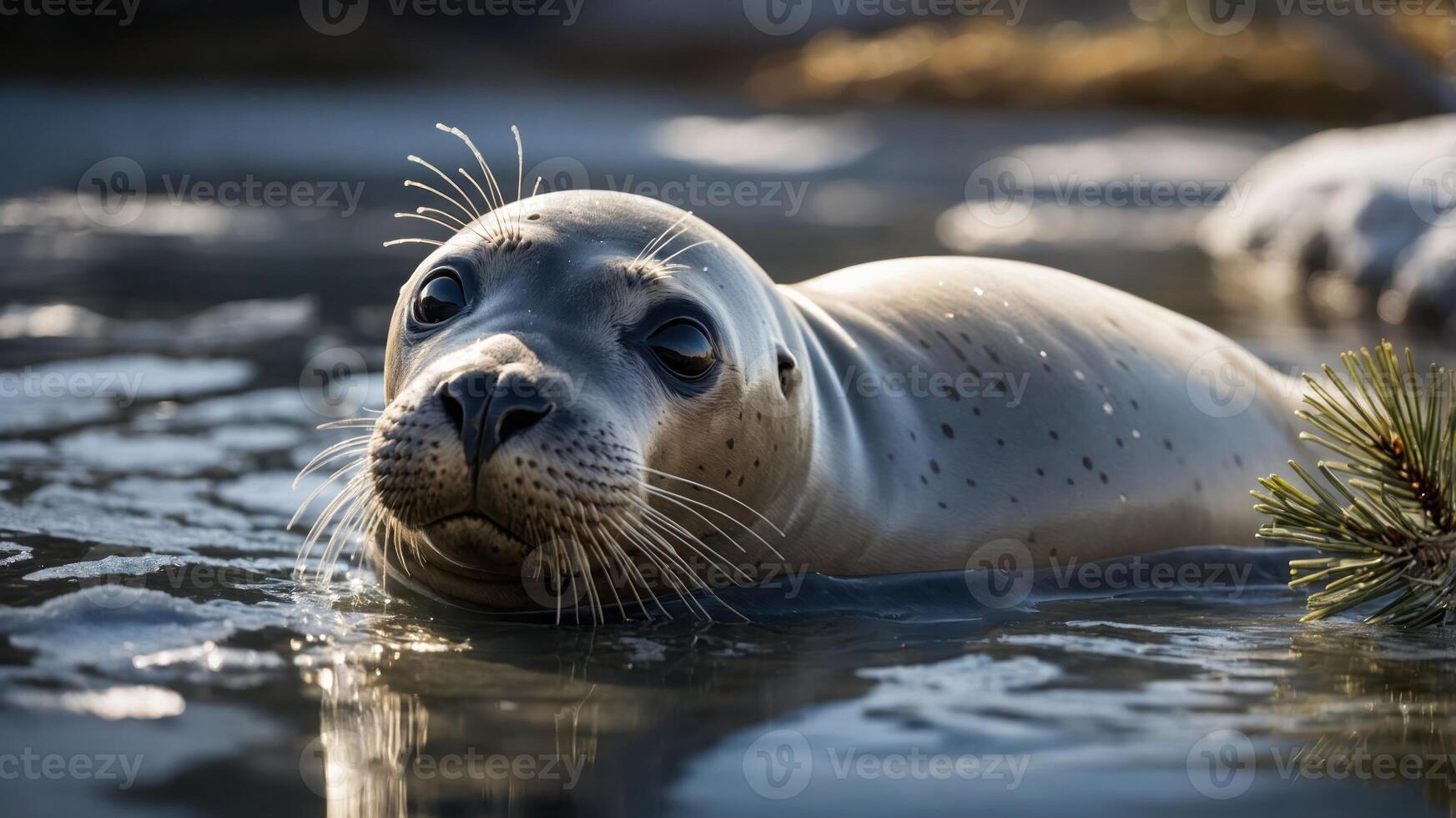 A close-up of a seal swimming in icy water, showcasing its curious expression and whiskers. photo