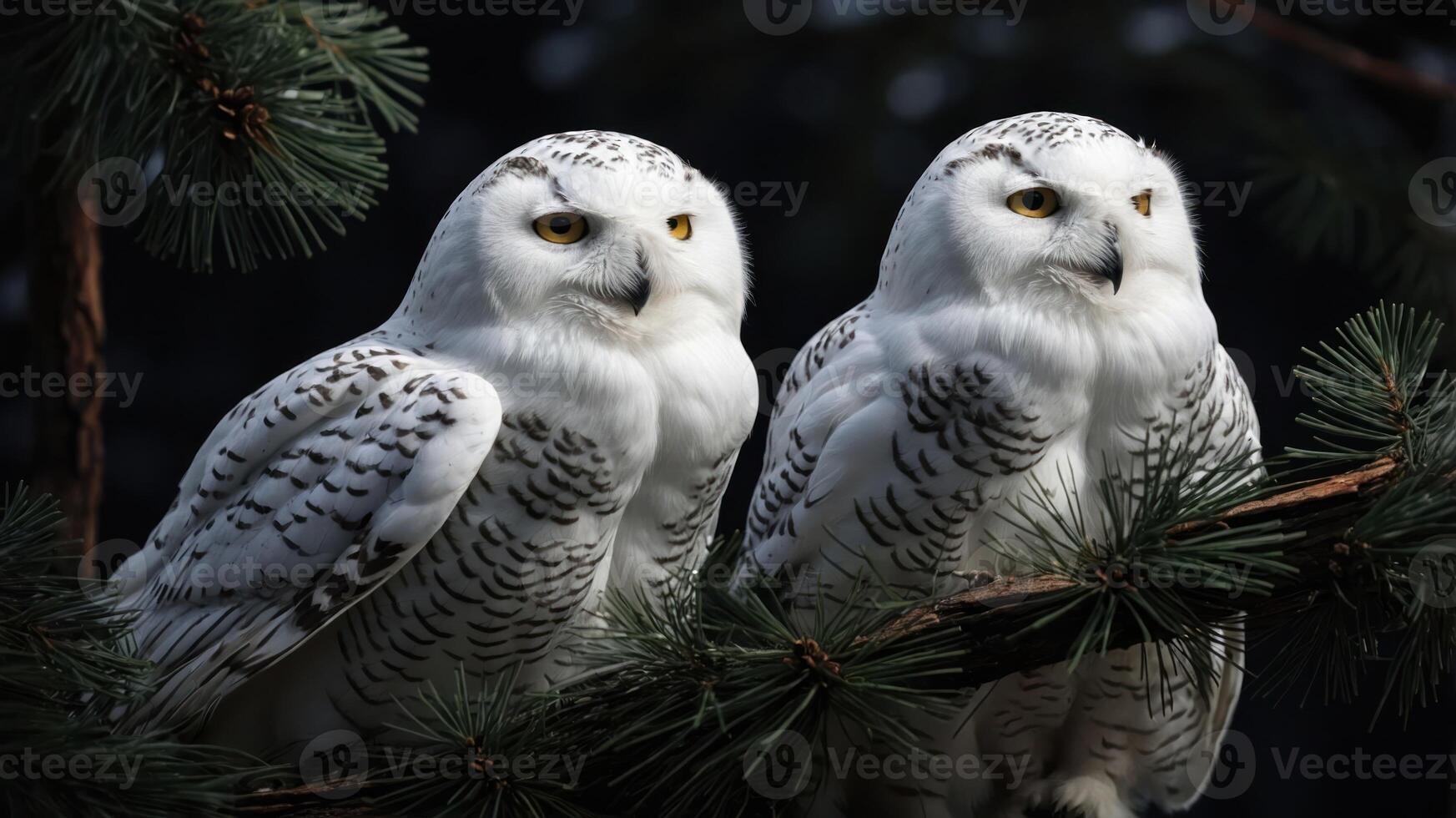 Two snowy owls perched on a pine branch, showcasing their striking plumage and gaze. photo