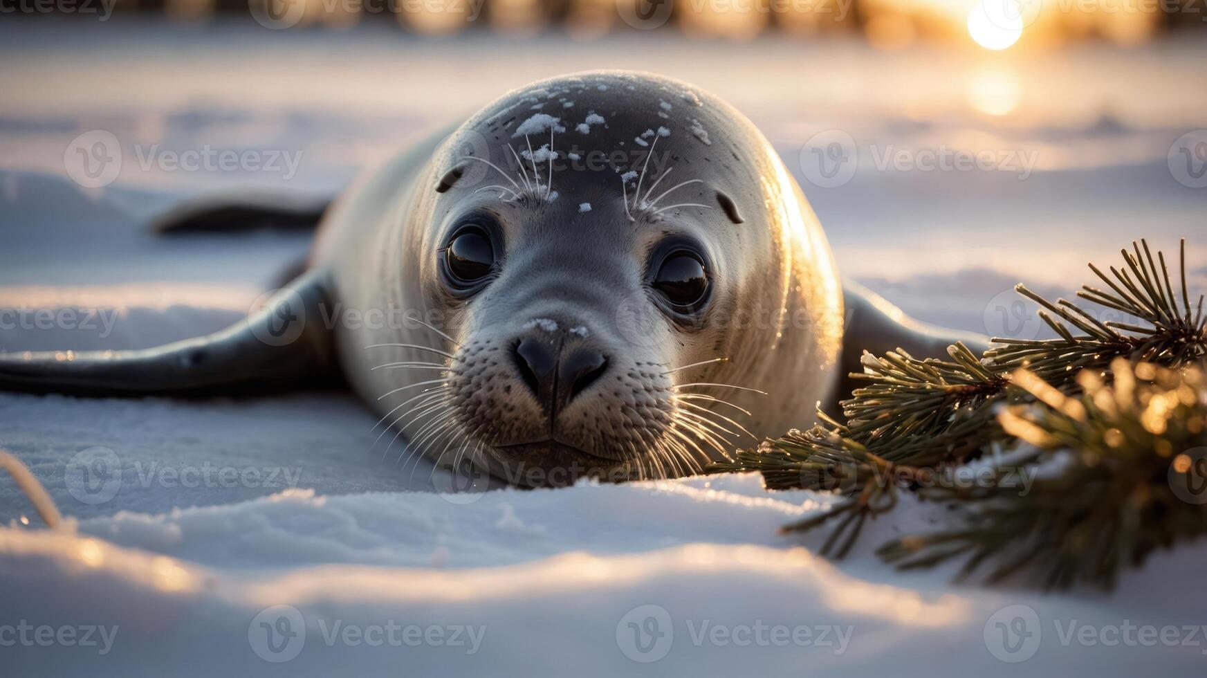 A seal resting on snow with a pine branch, capturing a serene winter scene. photo