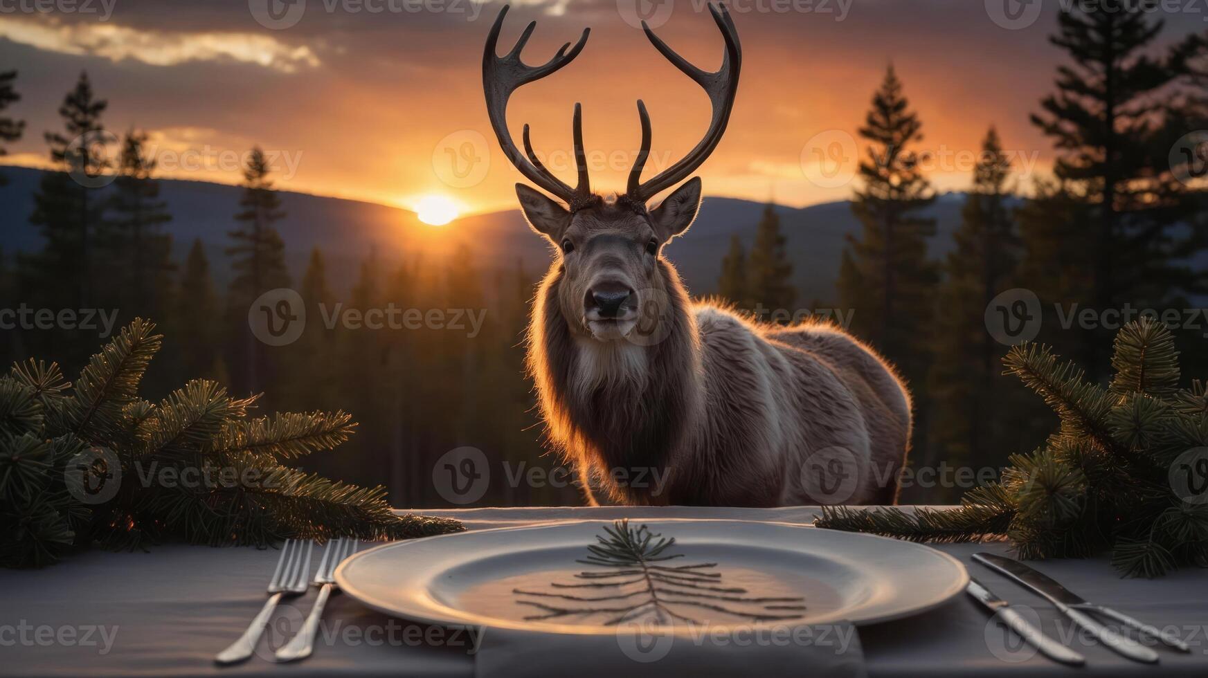 A deer stands before a beautifully set table at sunset, blending nature with dining elegance. photo