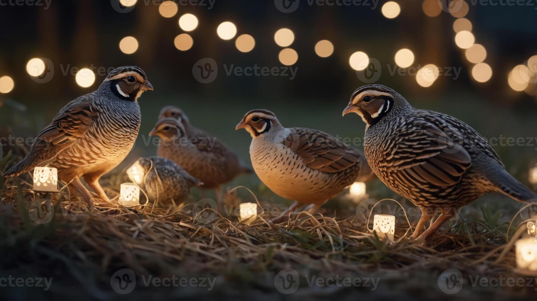 Five quails surrounded by soft lights in a serene outdoor setting. photo