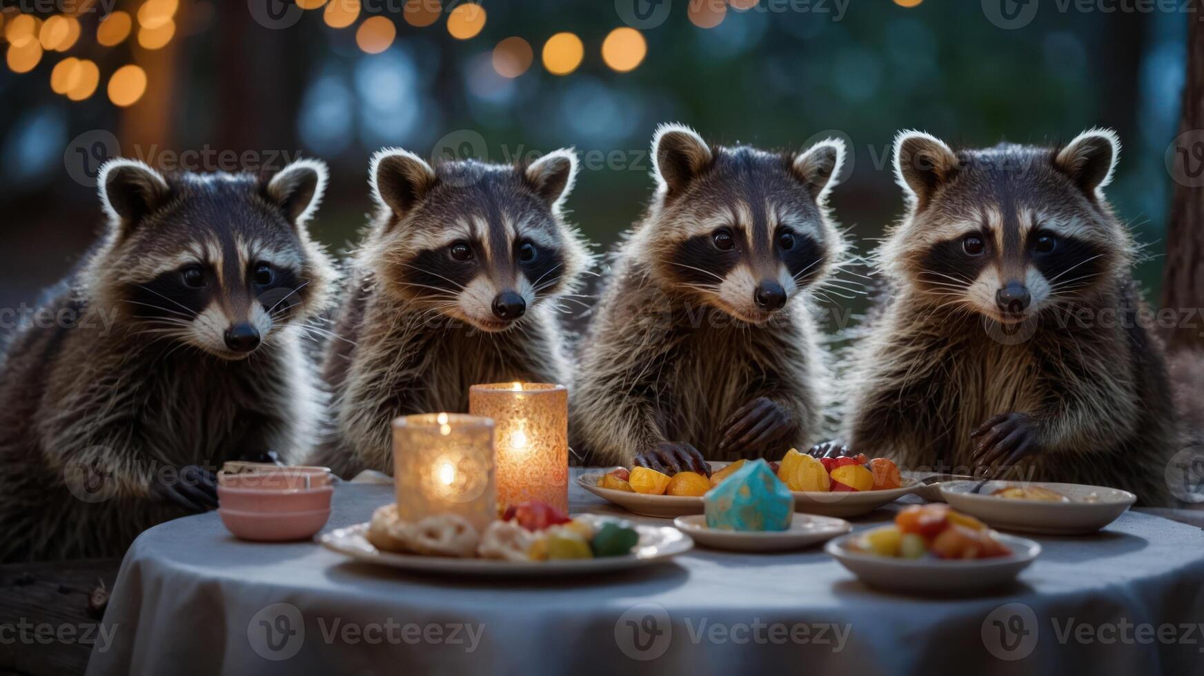 Four raccoons gathered around a table filled with food and candles in a festive setting. photo