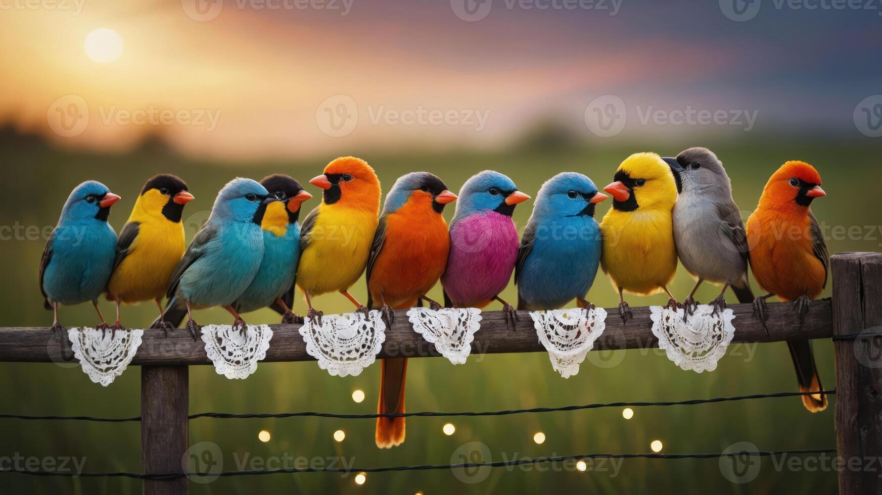 A colorful array of birds perched on a fence at sunset, creating a vibrant scene. photo