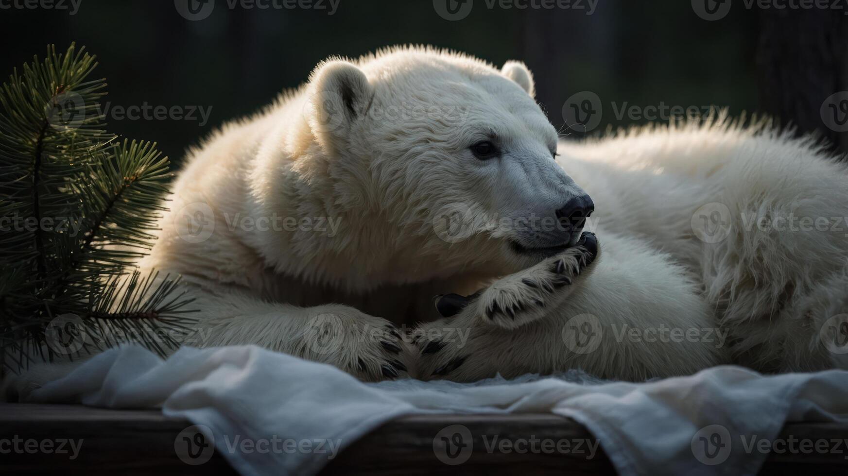 A serene polar bear resting on soft fabric amidst a natural setting, evoking tranquility. photo