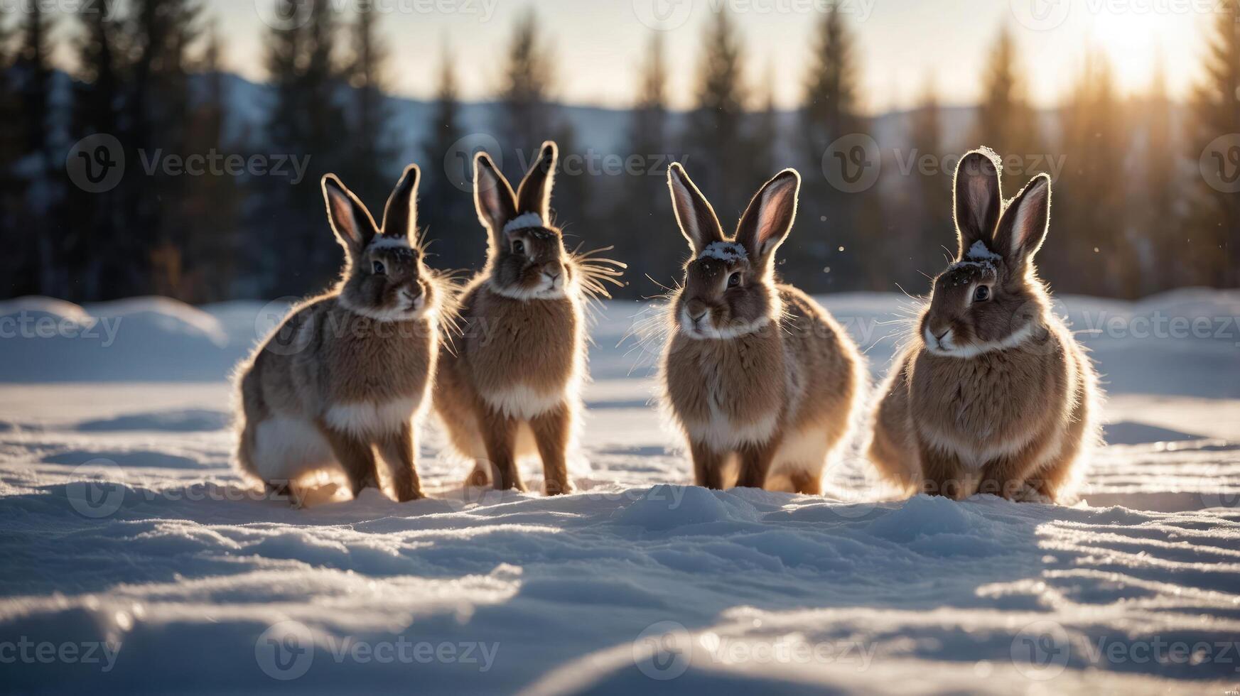 Four rabbits sitting in the snow during sunset, surrounded by trees. photo