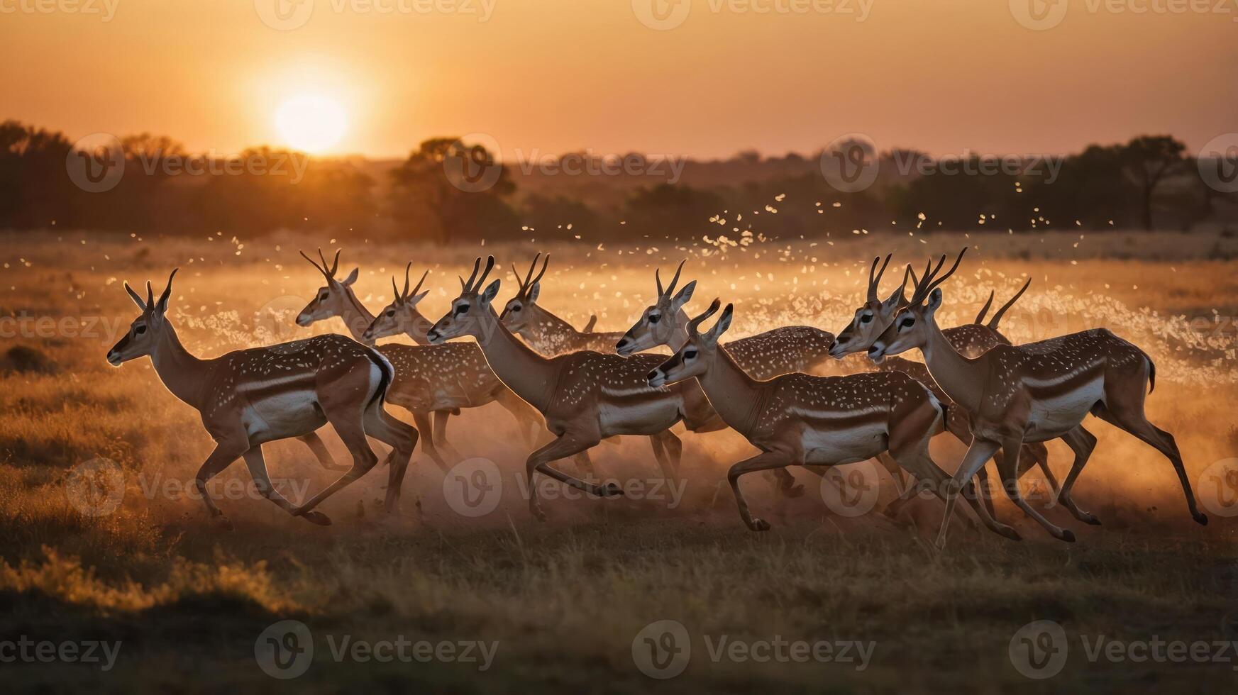 A group of antelopes running at sunset, creating a dynamic and serene wildlife scene. photo