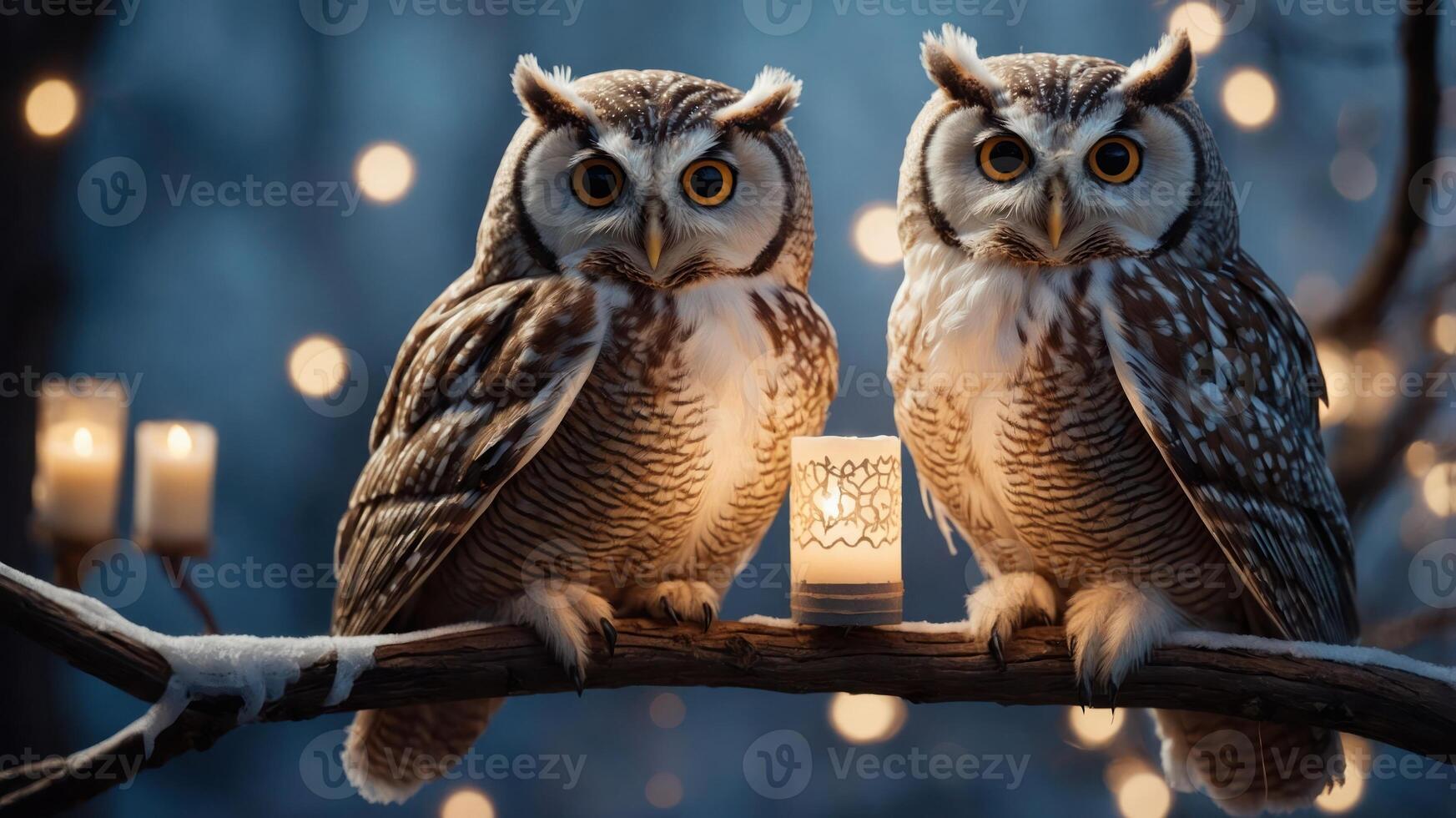 Two owls perched on a branch with a glowing candle, surrounded by soft lights. photo