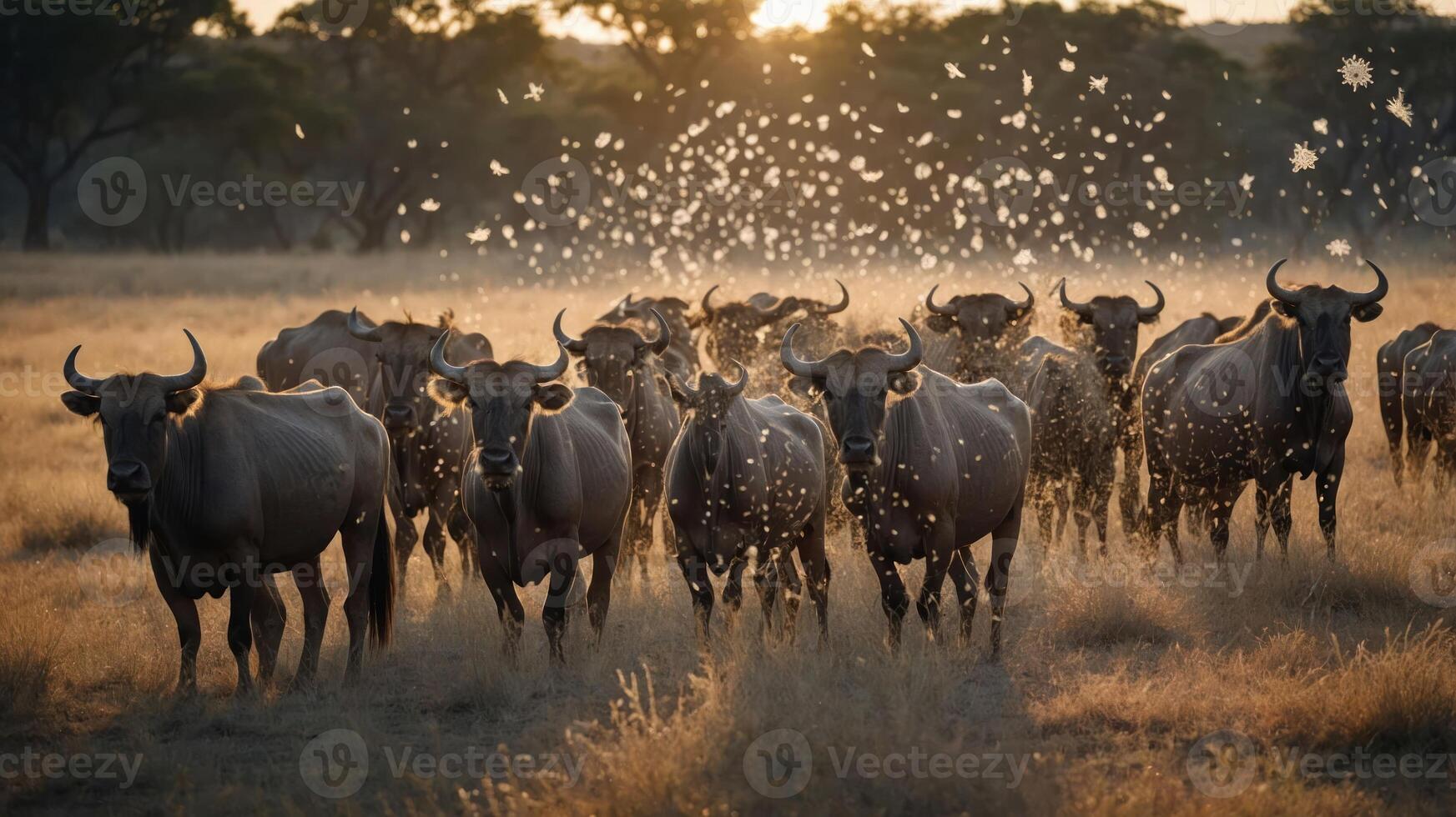 A herd of buffalo moves through a sunlit field, creating a misty atmosphere. photo