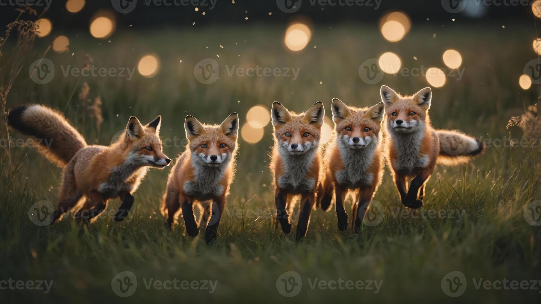 A group of five foxes running through a grassy field, creating a lively scene. photo
