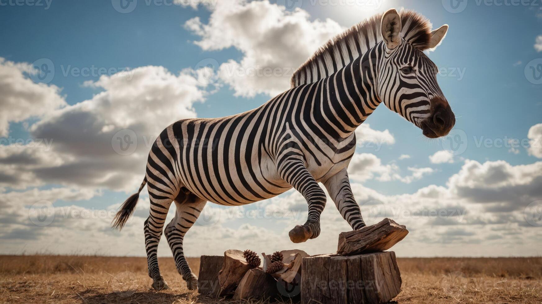 A zebra gracefully stepping on a log under a bright sky with clouds. photo