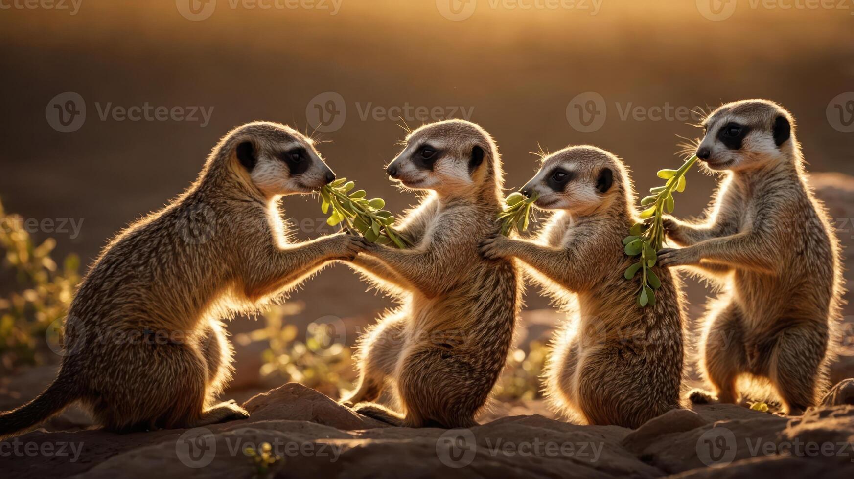 Four meerkats holding green leaves in a warm, sunlit setting. photo
