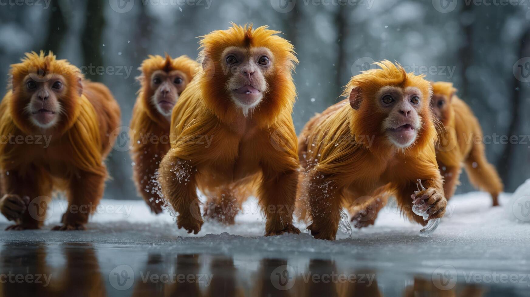 A group of golden monkeys running through a snowy landscape. photo