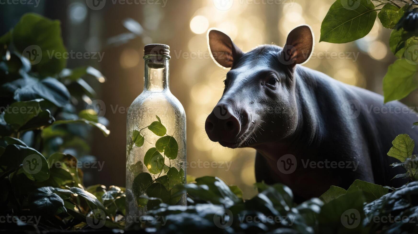 A pig beside a glass bottle containing green leaves in a forest setting. photo