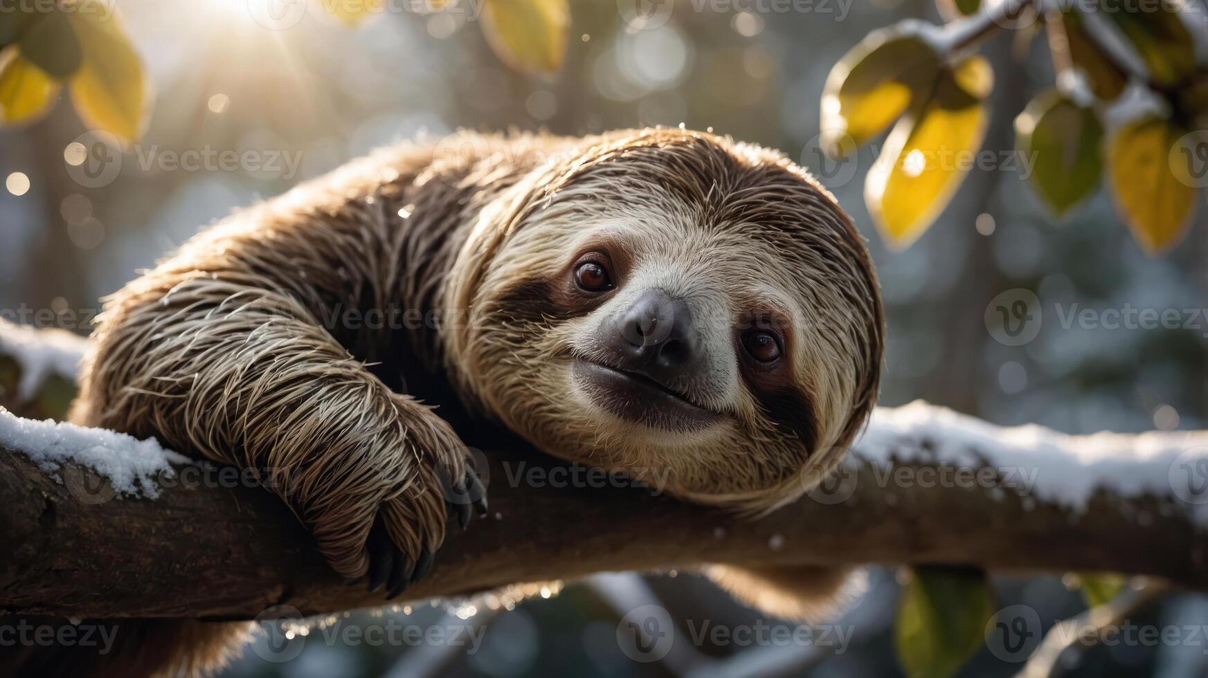 A sloth resting on a tree branch, surrounded by greenery and soft sunlight. photo