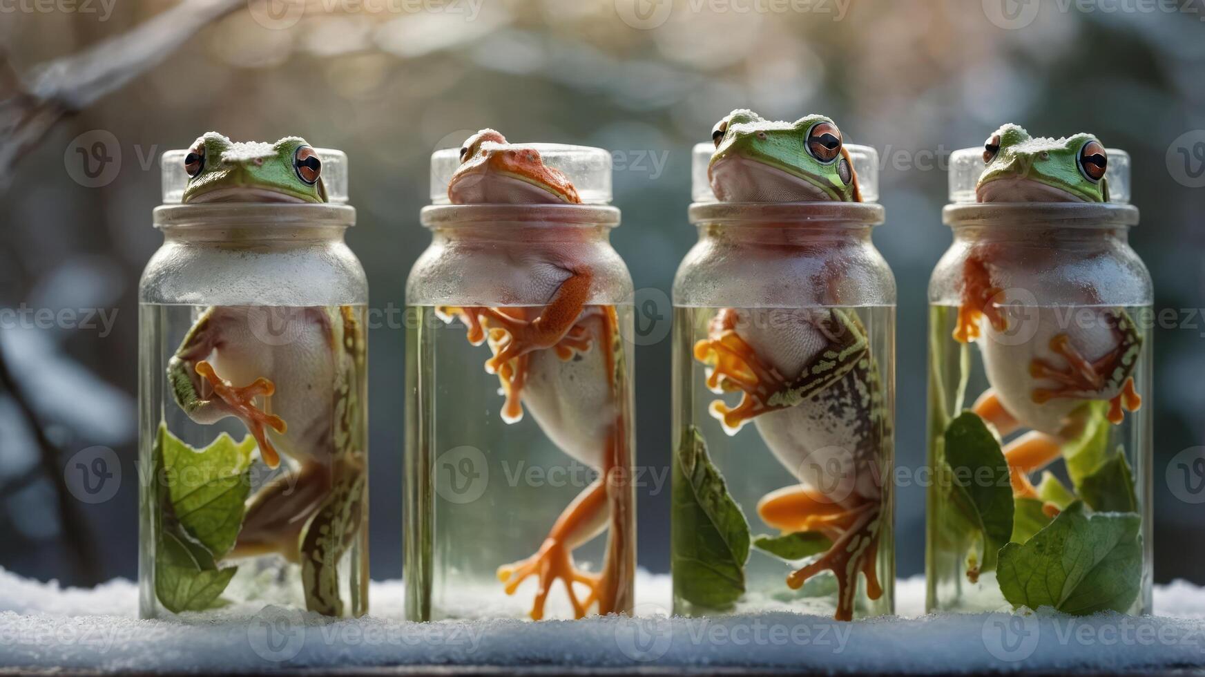 Four frogs preserved in glass jars with leaves, set against a natural background. photo