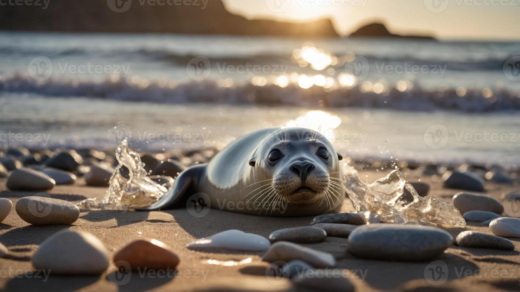 A seal resting on the beach with waves in the background during sunset. photo