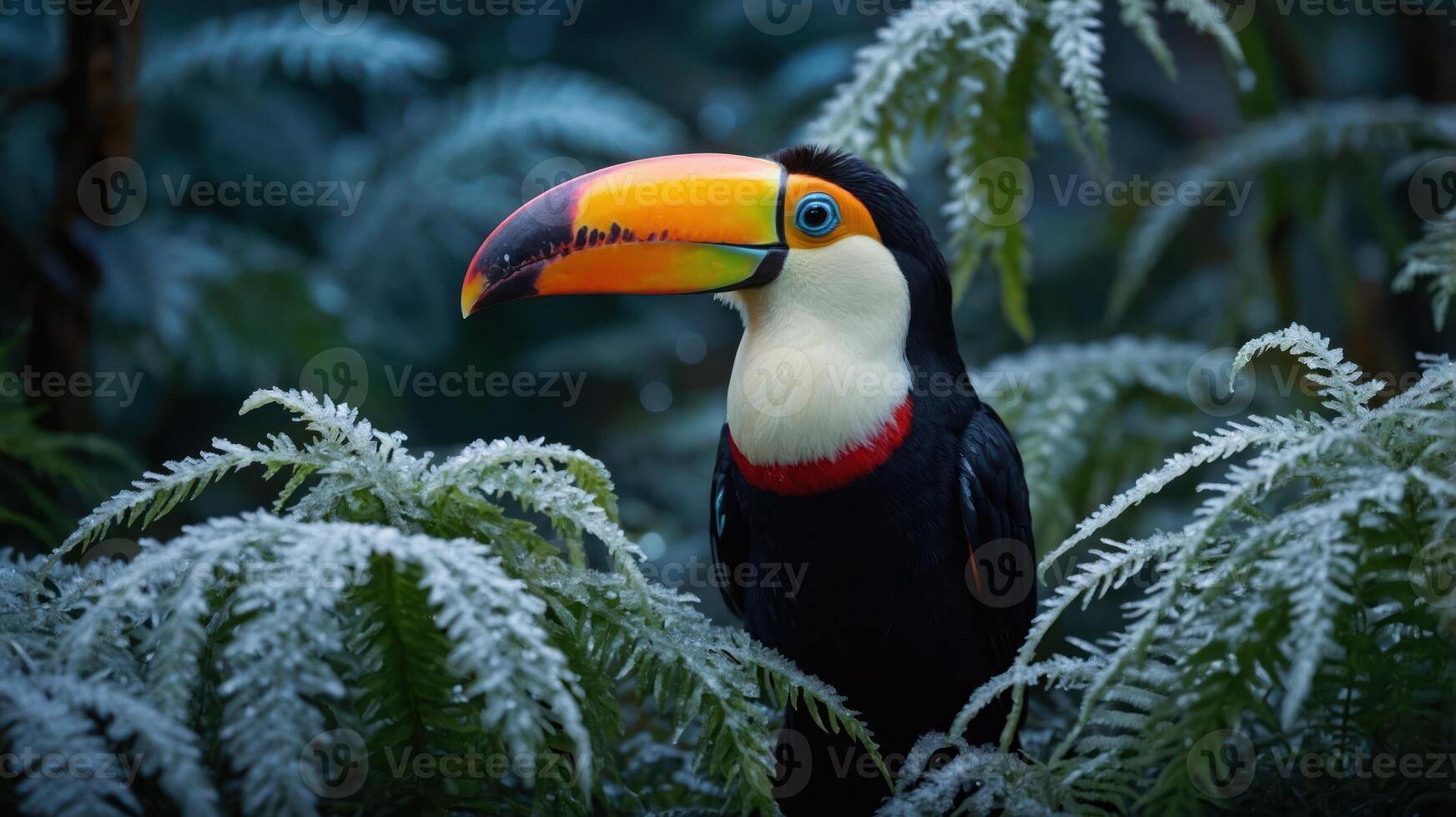 A vibrant toucan perched among lush ferns in a misty forest setting. photo