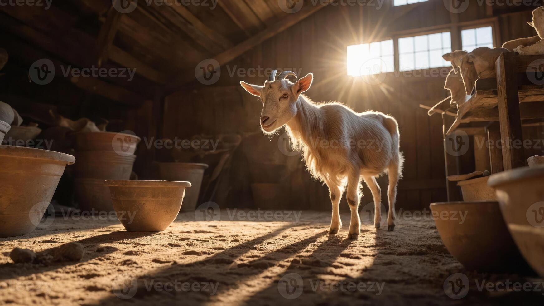 A goat stands in a sunlit barn surrounded by pottery, creating a serene atmosphere. photo