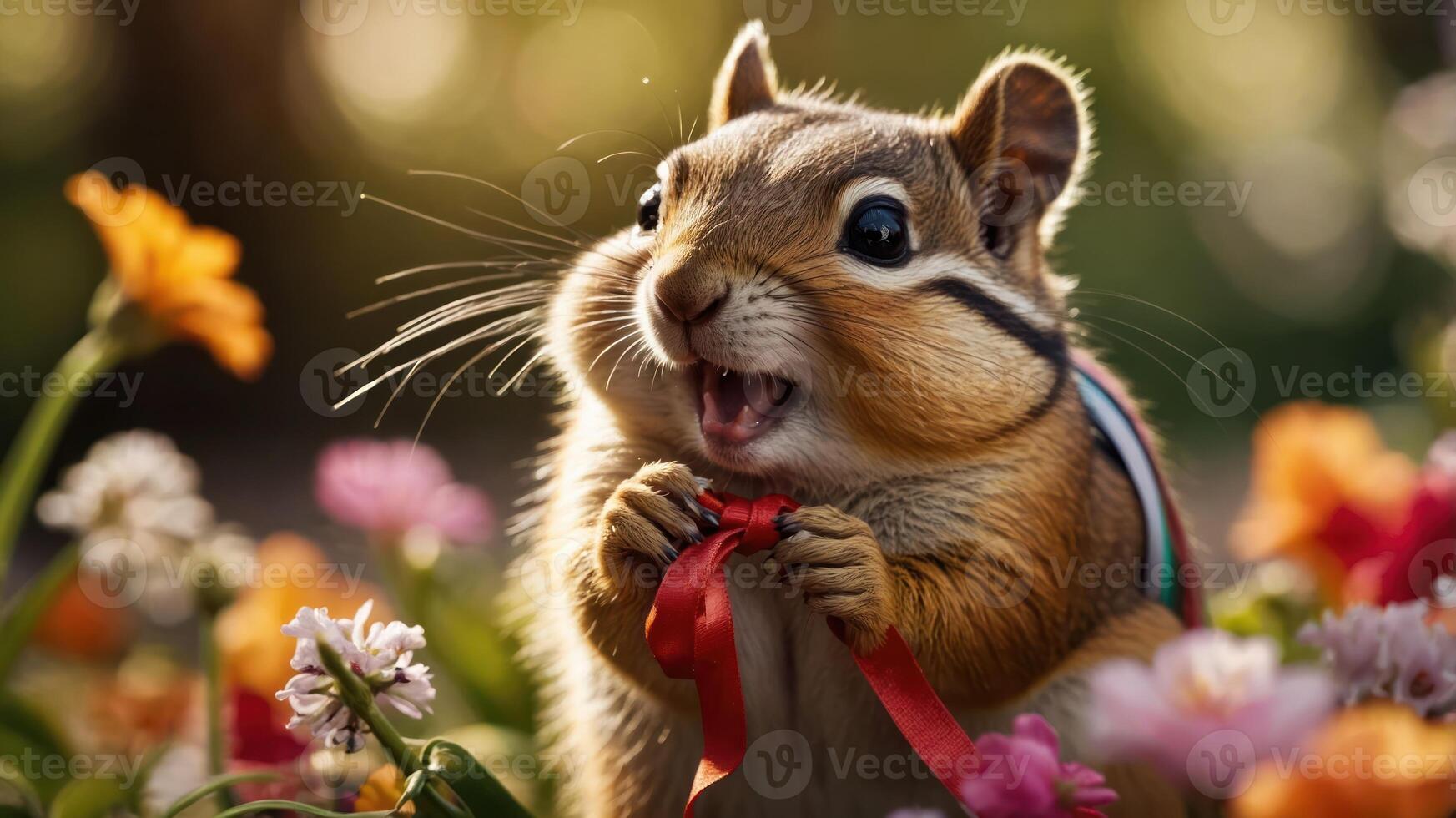 A cheerful chipmunk holds a red ribbon amidst colorful flowers, exuding joy and playfulness. photo