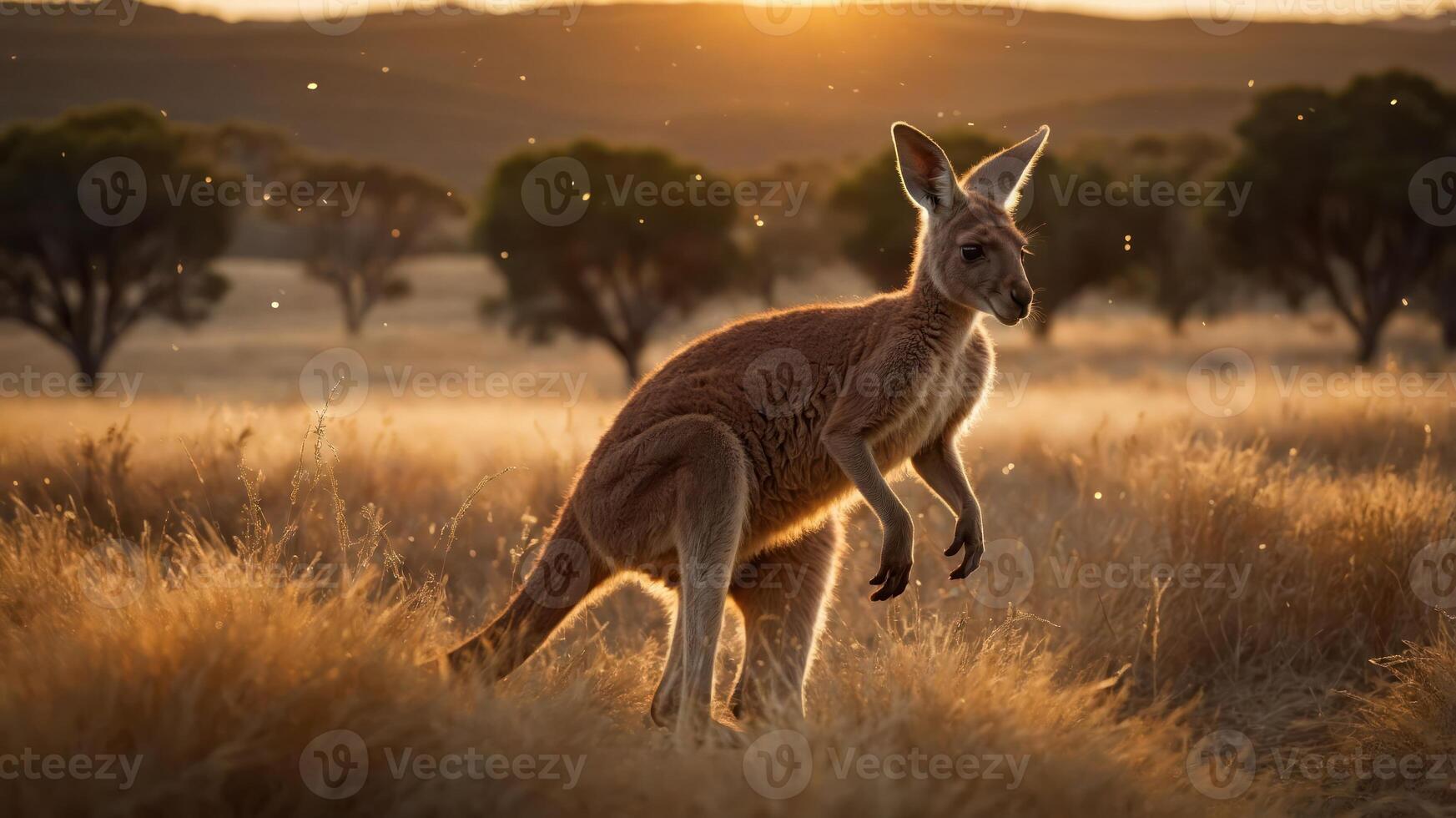 A kangaroo gracefully hops through golden grass at sunset, showcasing wildlife in nature. photo