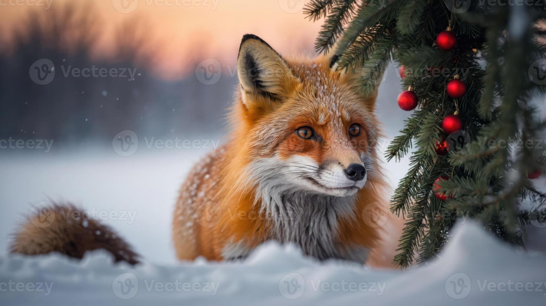 A fox in a snowy landscape near a decorated tree, capturing a serene winter moment. photo