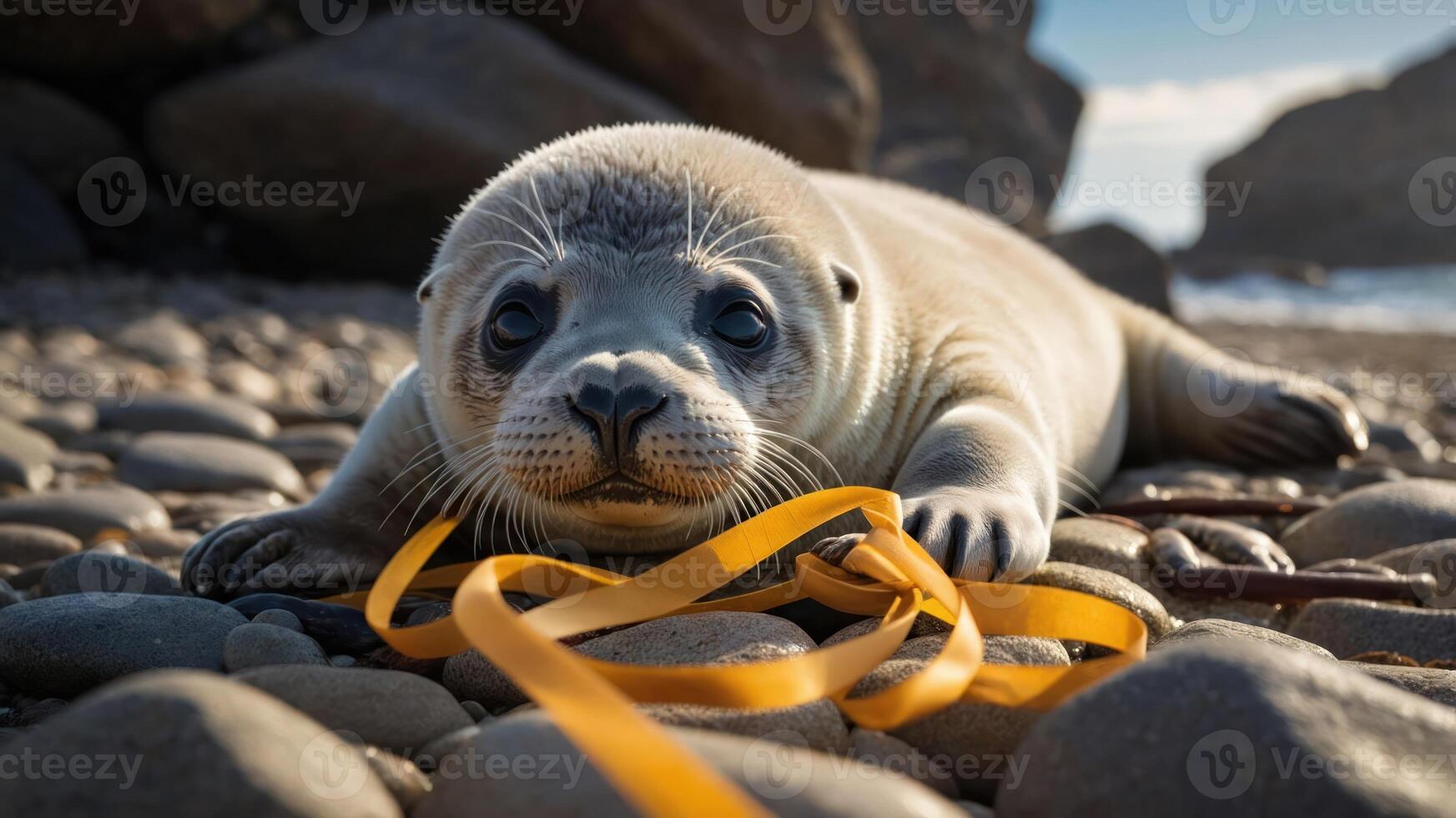 A playful seal pup rests on pebbles, entangled in a yellow ribbon, highlighting environmental issues. photo