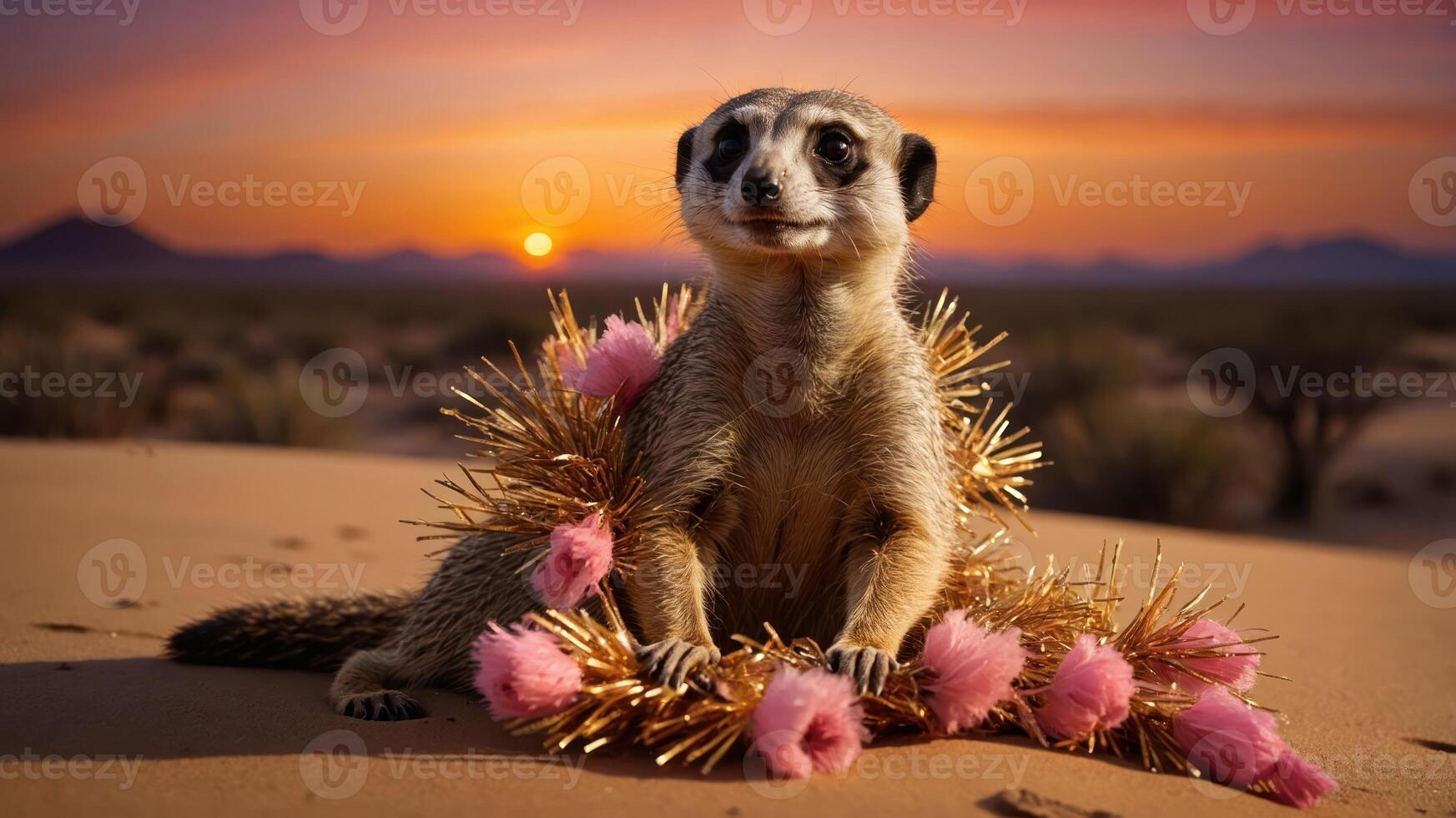 A cheerful meerkat adorned with festive decorations against a sunset backdrop. photo