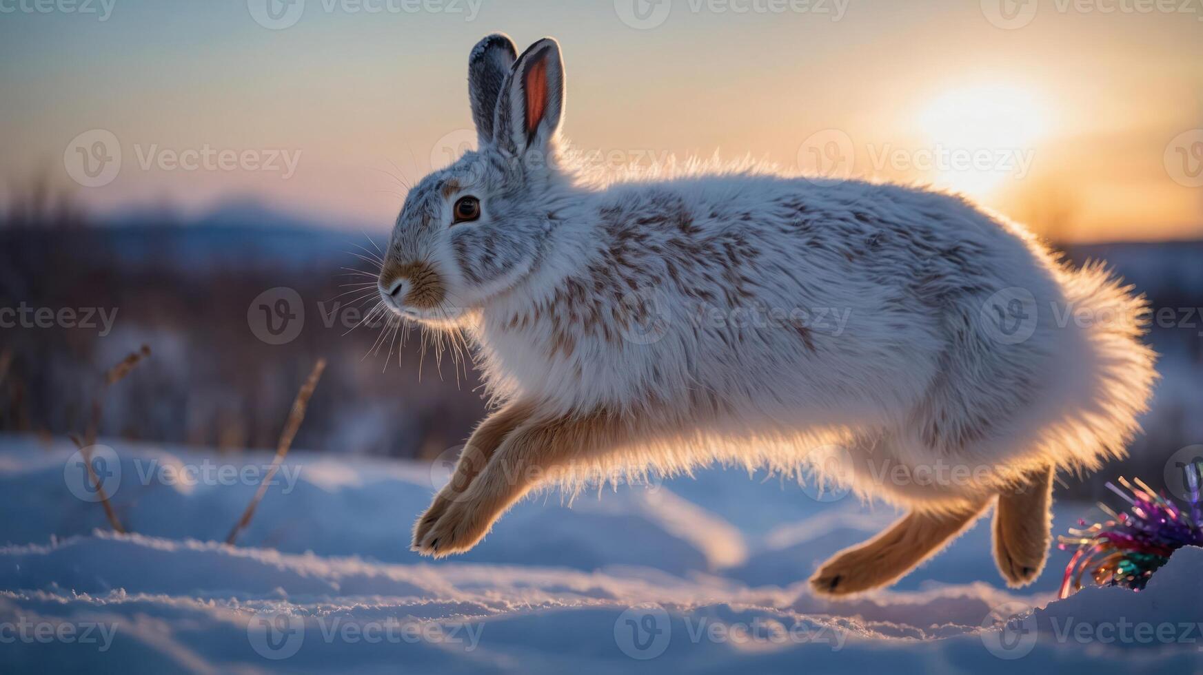 A snow-covered landscape with a rabbit leaping gracefully at sunset. photo