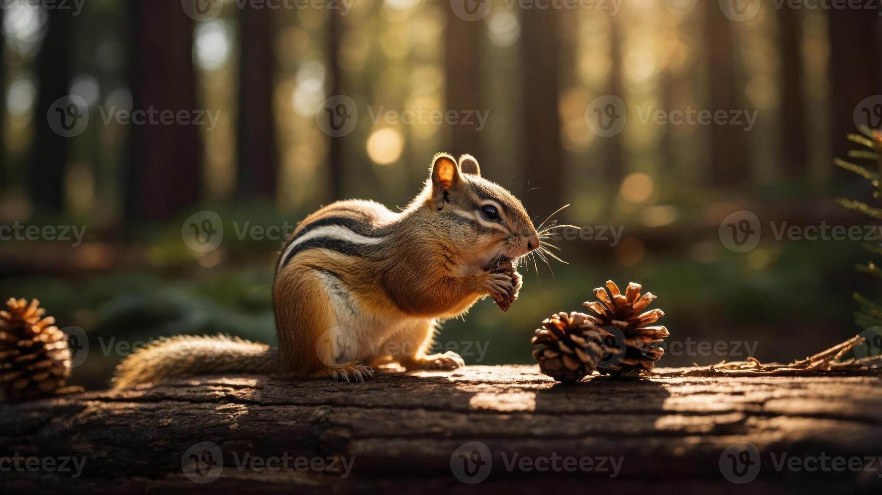 A chipmunk sitting on a log in a forest, eating a pine cone with sunlight filtering through trees. photo