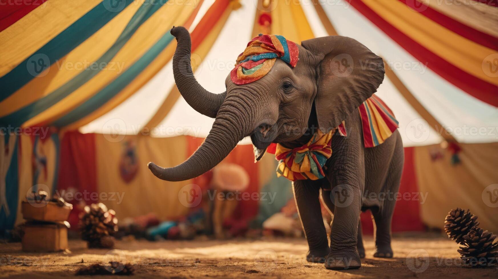 A circus-themed scene featuring a dressed elephant inside a colorful tent. photo