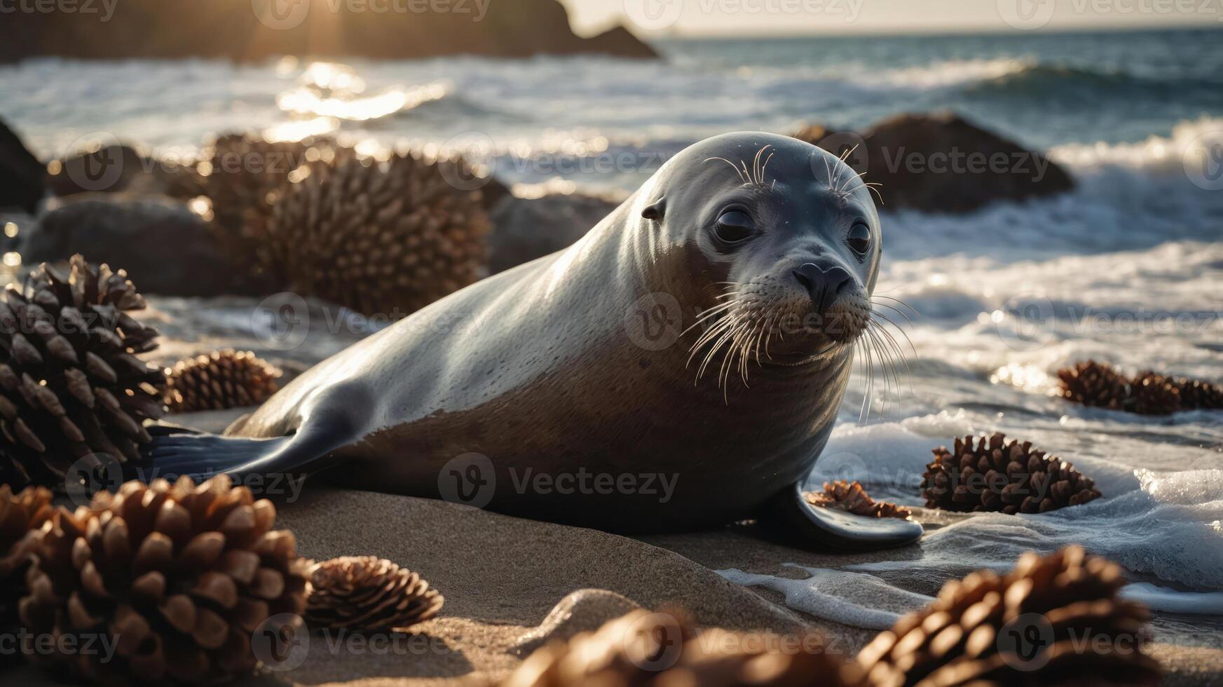 A seal resting on a sandy beach surrounded by pine cones and gentle ocean waves. photo