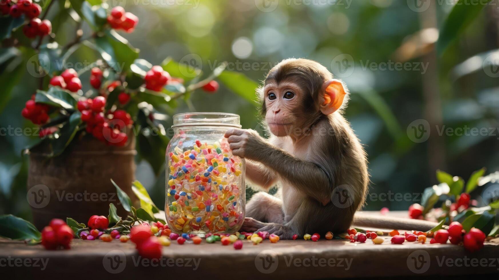 A young monkey curiously examines a jar filled with colorful candies amidst a lush backdrop. photo