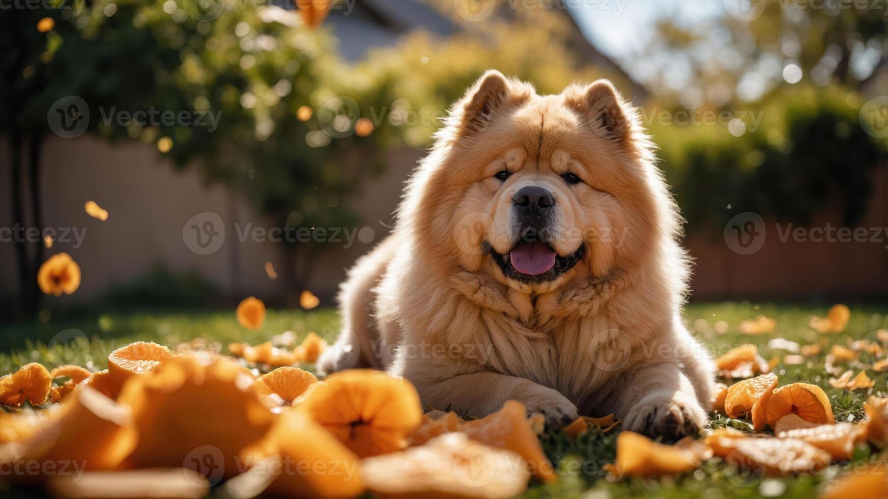 A fluffy dog lying on grass surrounded by orange leaves in a sunny backyard. photo