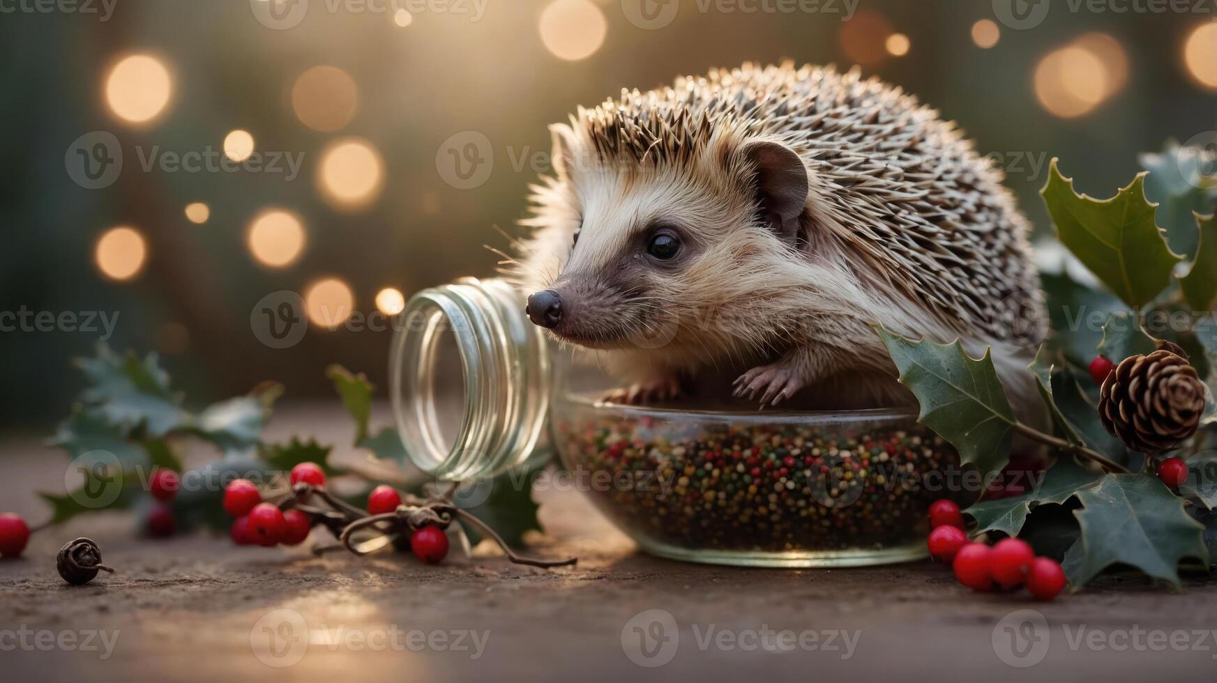 A hedgehog sitting in a glass bowl surrounded by festive decorations and greenery. photo