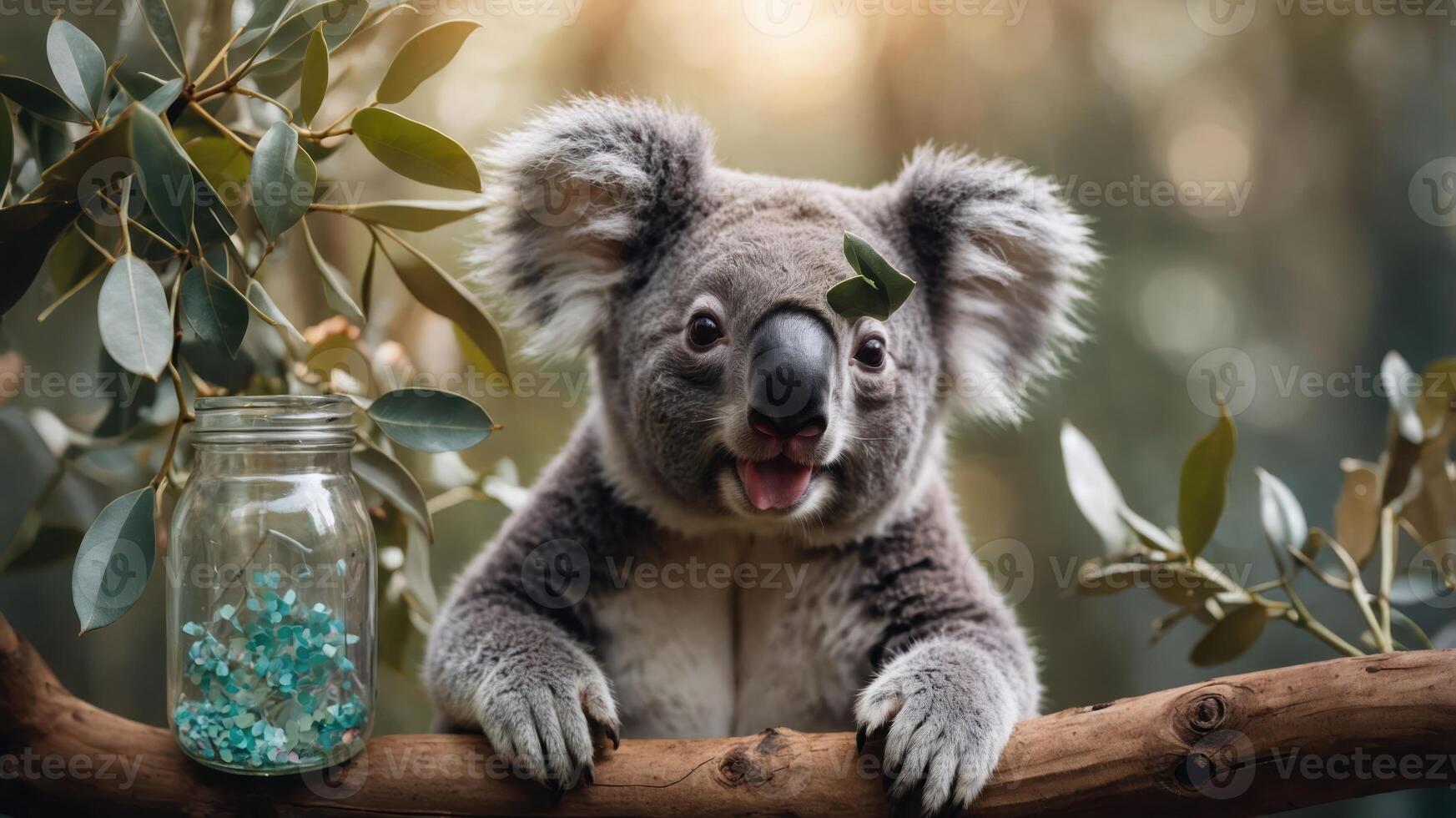 A playful koala perched on a branch beside a jar of colorful gems. photo