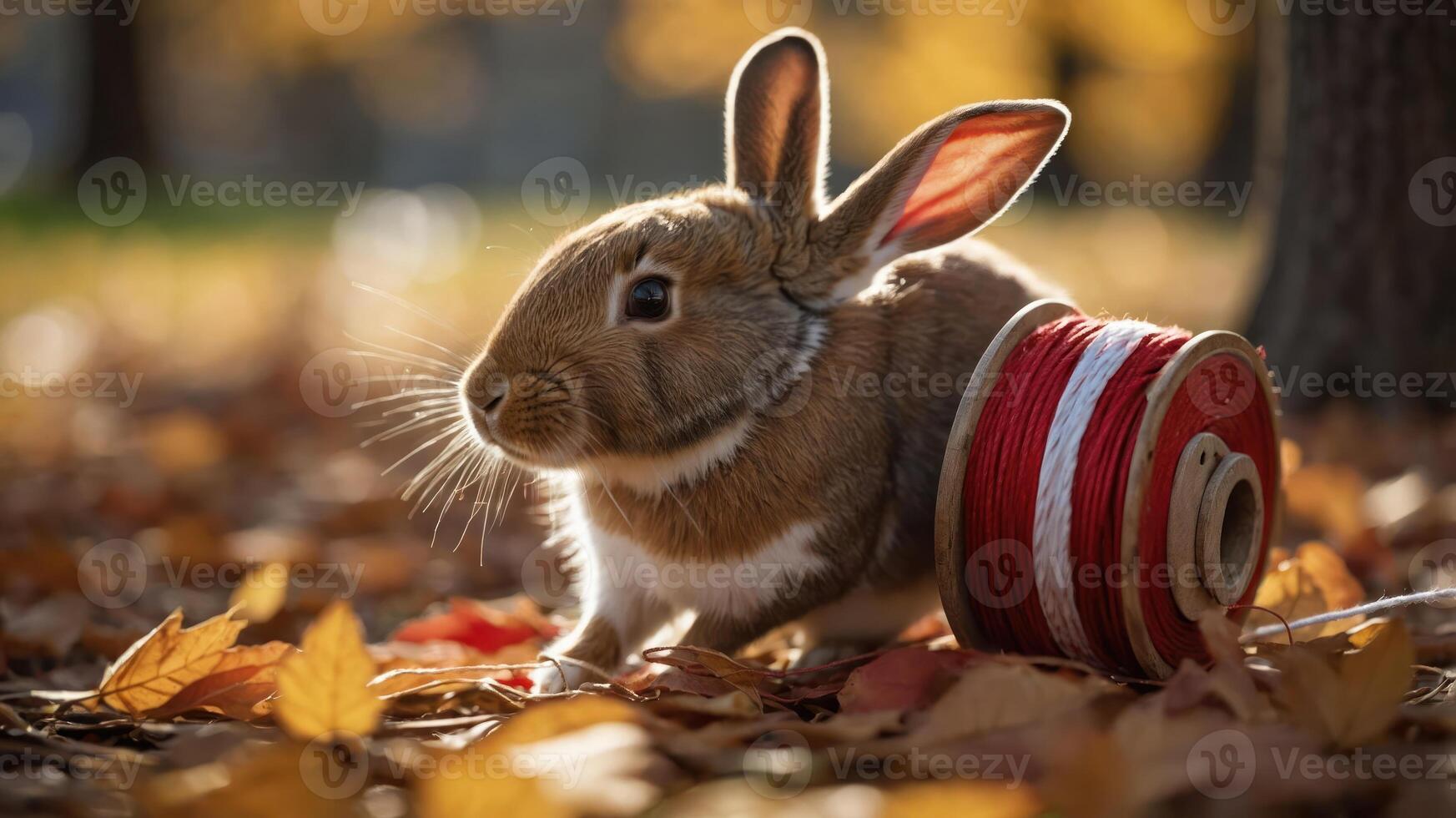 A rabbit beside a spool of red and white thread on a bed of autumn leaves. photo