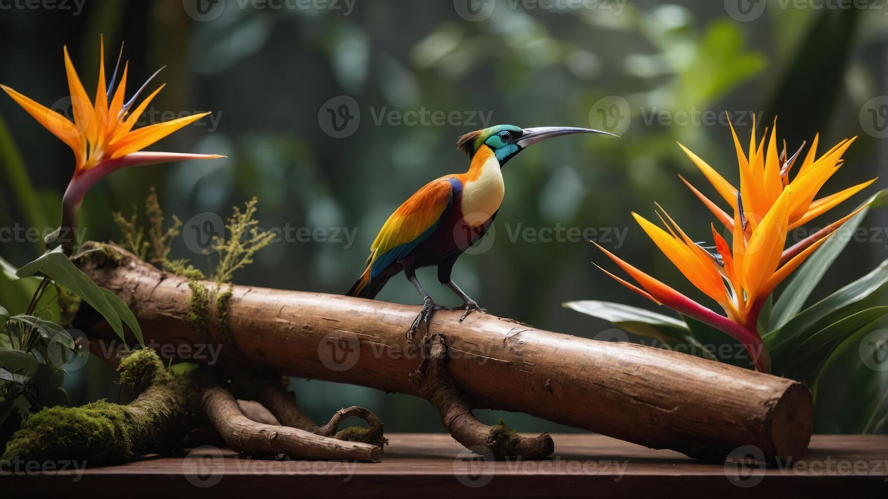 A vibrant bird perched on a log surrounded by tropical flowers in a lush setting. photo