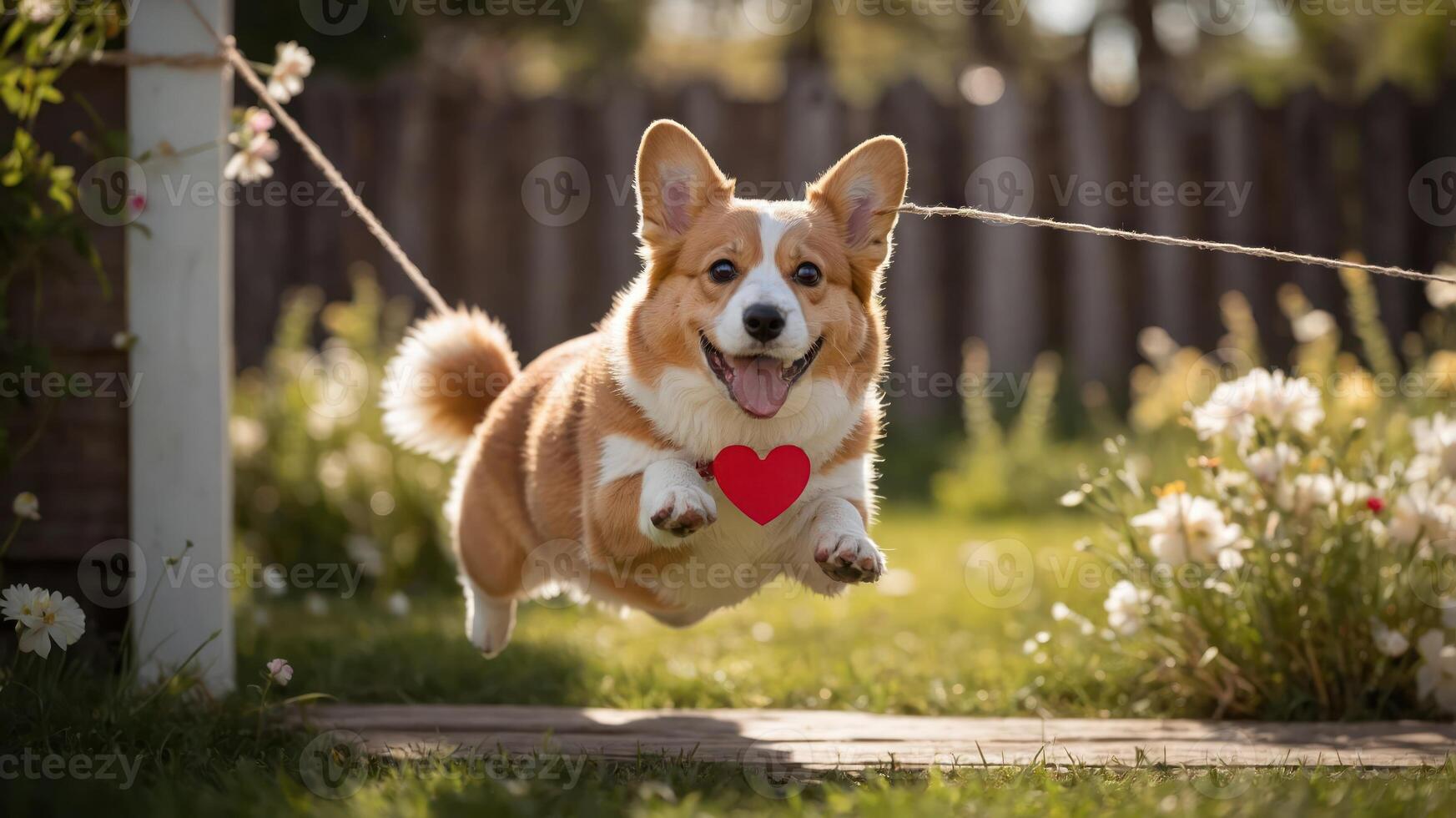 A joyful corgi leaps through a garden, showcasing happiness and playfulness. photo
