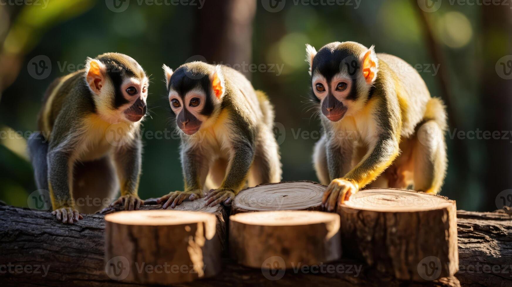 Three monkeys interact playfully on a log in a natural setting. photo