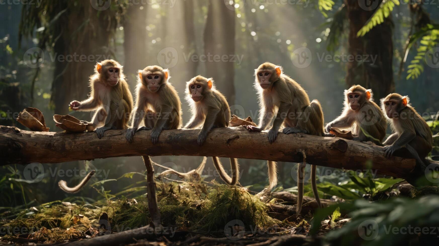 A group of monkeys sitting on a log in a sunlit forest. photo
