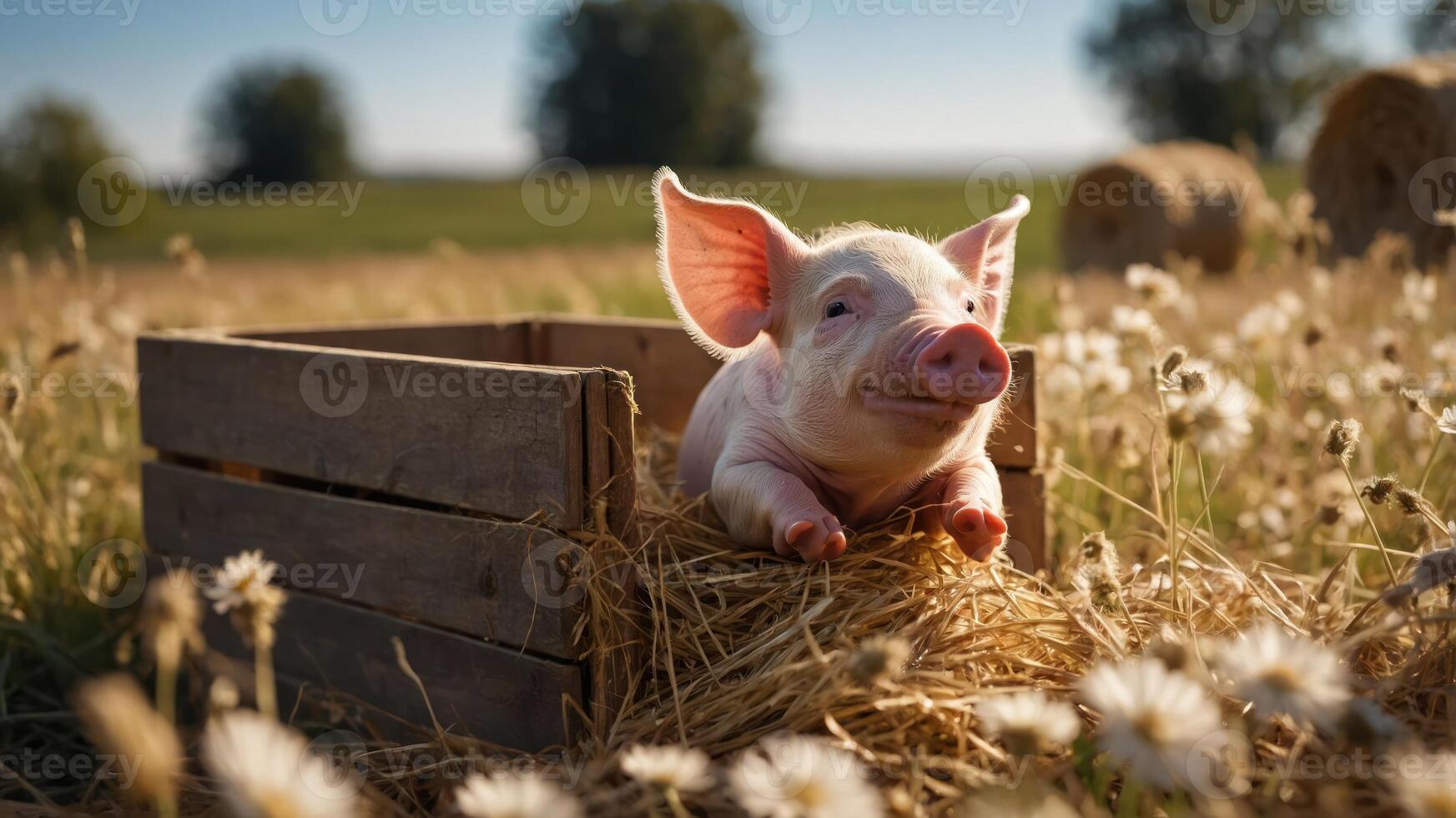 A cute piglet resting in a wooden crate surrounded by hay and flowers in a sunny field. photo