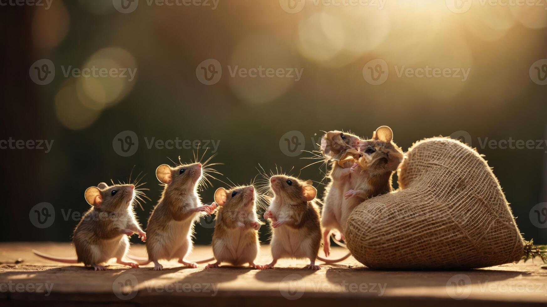 A charming scene of six mice gathered around a heart-shaped decoration in soft sunlight. photo